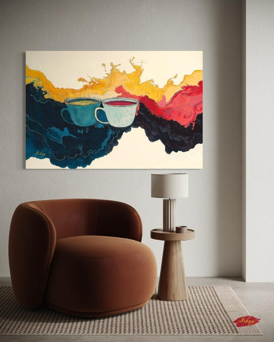 Coffee and Tea Abstract Wall Art Print, Colorful Mug Painting Canvas, Kitchen Drink Splash Home Decor, Framed Art for Coffee Bar
Liquid Dance art print with swirling coffee & tea abstract design. Canvas & framed canvas painting print for kitchen, cafe, or modern home decor.