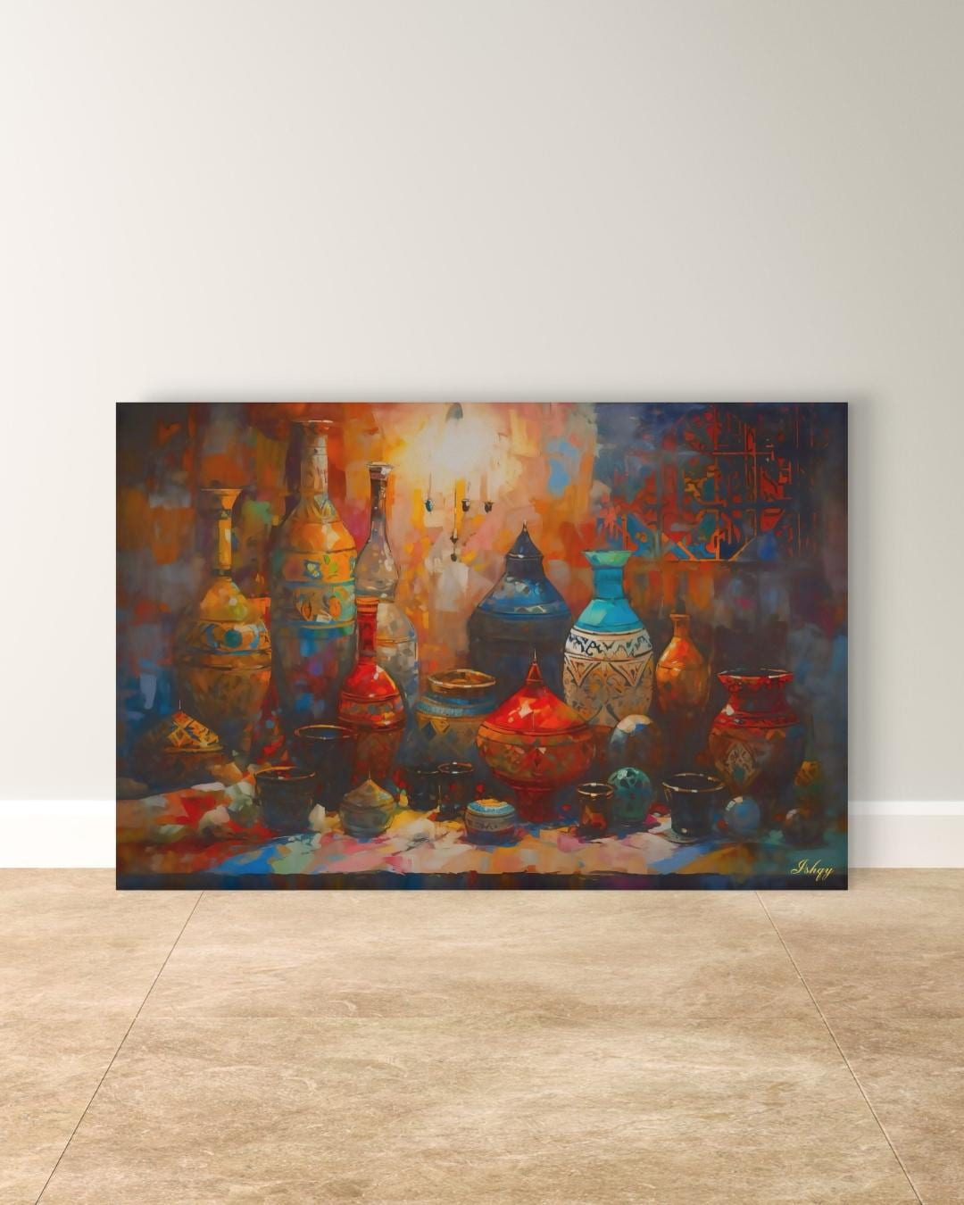 Moroccan Pottery Wall Art, Colorful Tagine Canvas Print, Boho Kitchen Wall Decor, Vibrant Moroccan Vases Painting for Cultural Home Style. Colorful Moroccan pottery in warm souk light. A bold Marrakech-inspired canvas print perfect for kitchen,