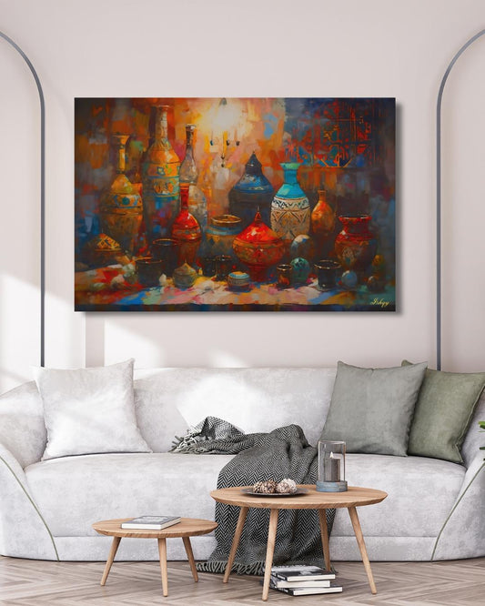 Moroccan Pottery Wall Art, Colorful Tagine Canvas Print, Boho Kitchen Wall Decor, Vibrant Moroccan Vases Painting for Cultural Home Style. Colorful Moroccan pottery in warm souk light. A bold Marrakech-inspired canvas print perfect for kitchen,