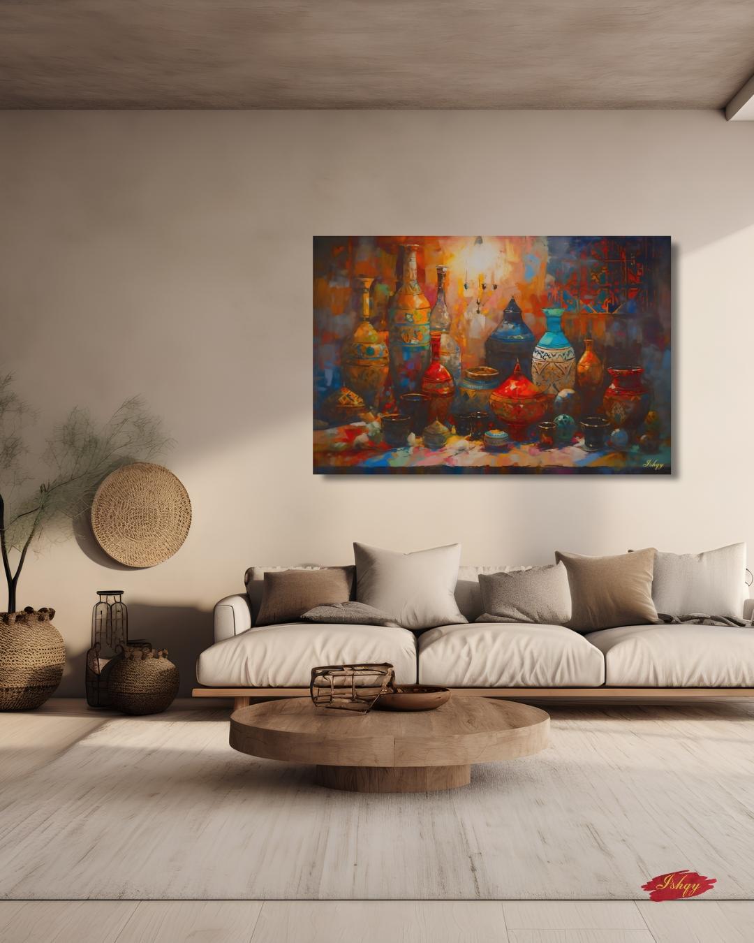 Moroccan Pottery Wall Art, Colorful Tagine Canvas Print, Boho Kitchen Wall Decor, Vibrant Moroccan Vases Painting for Cultural Home Style. Colorful Moroccan pottery in warm souk light. A bold Marrakech-inspired canvas print perfect for kitchen,