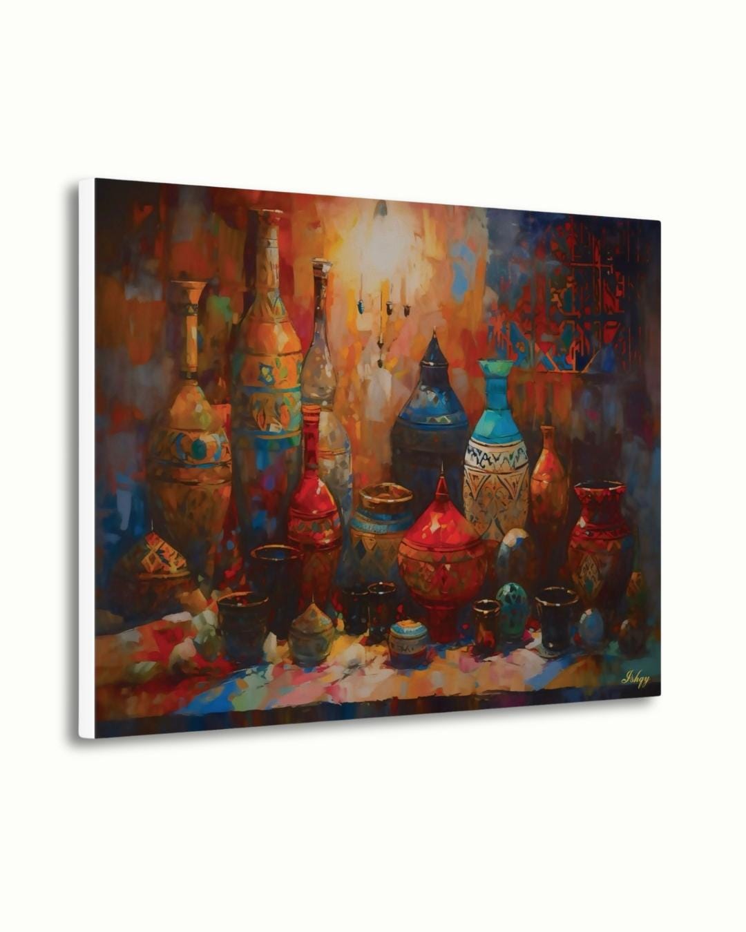 Moroccan Pottery Wall Art, Colorful Tagine Canvas Print, Boho Kitchen Wall Decor, Vibrant Moroccan Vases Painting for Cultural Home Style. Colorful Moroccan pottery in warm souk light. A bold Marrakech-inspired canvas print perfect for kitchen,