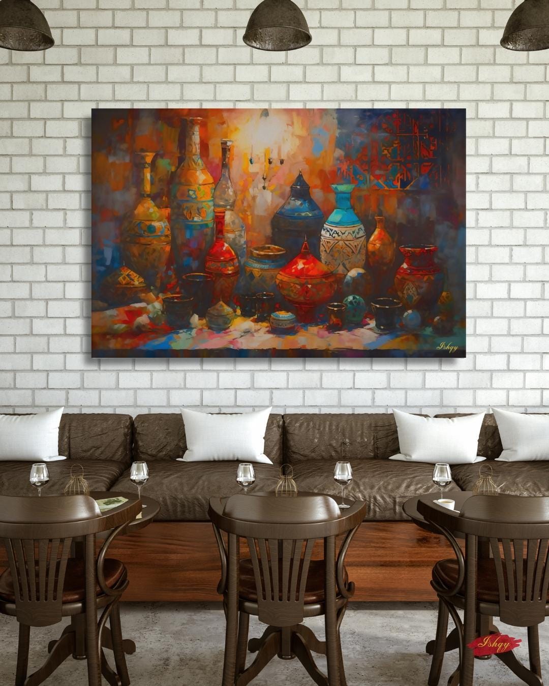 Moroccan Pottery Wall Art, Colorful Tagine Canvas Print, Boho Kitchen Wall Decor, Vibrant Moroccan Vases Painting for Cultural Home Style. Colorful Moroccan pottery in warm souk light. A bold Marrakech-inspired canvas print perfect for kitchen,