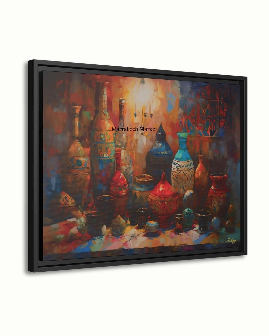 Moroccan Pottery Wall Art, Colorful Tagine Canvas Print, Boho Kitchen Wall Decor, Vibrant Moroccan Vases Painting for Cultural Home Style. Colorful Moroccan pottery in warm souk light. A bold Marrakech-inspired canvas print perfect for kitchen,