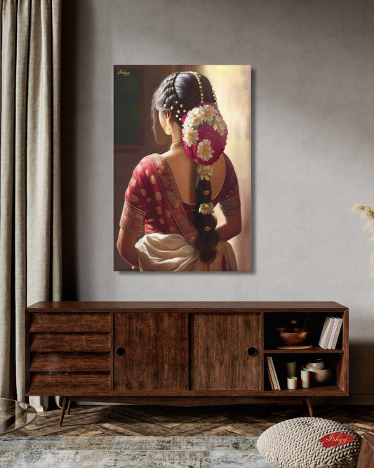 South Indian Bride Art Print, Indian Woman Canvas Wall Art, Bridal Saree Painting, Tamil Cultural Decor, Framed Poster, Wedding Gift