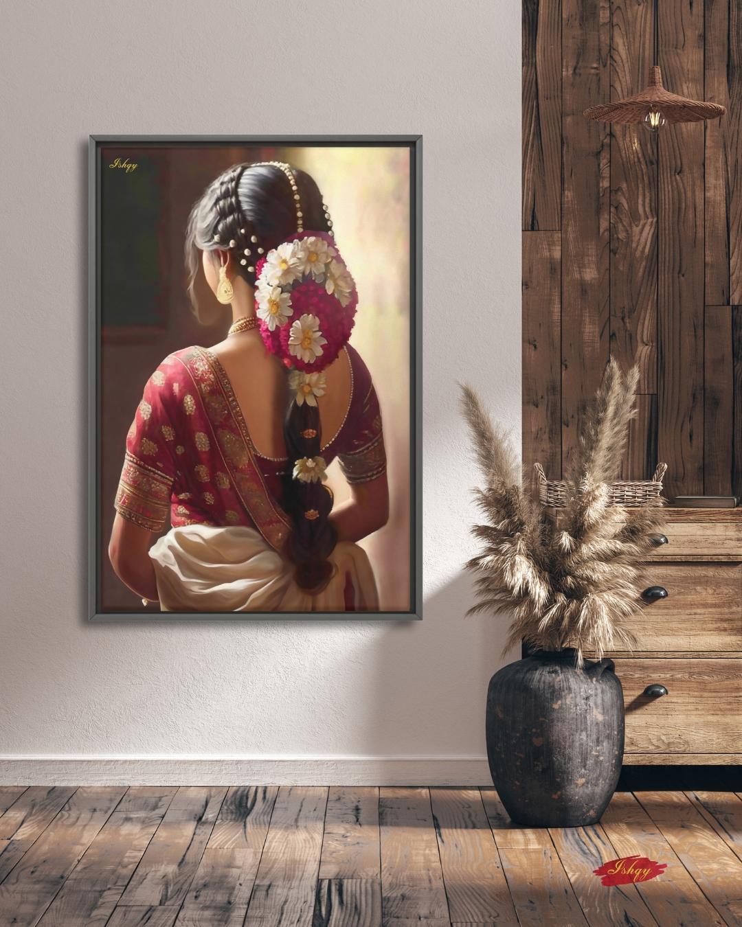 South Indian Bride Art Print, Indian Woman Canvas Wall Art, Bridal Saree Painting, Tamil Cultural Decor, Framed Poster, Wedding Gift