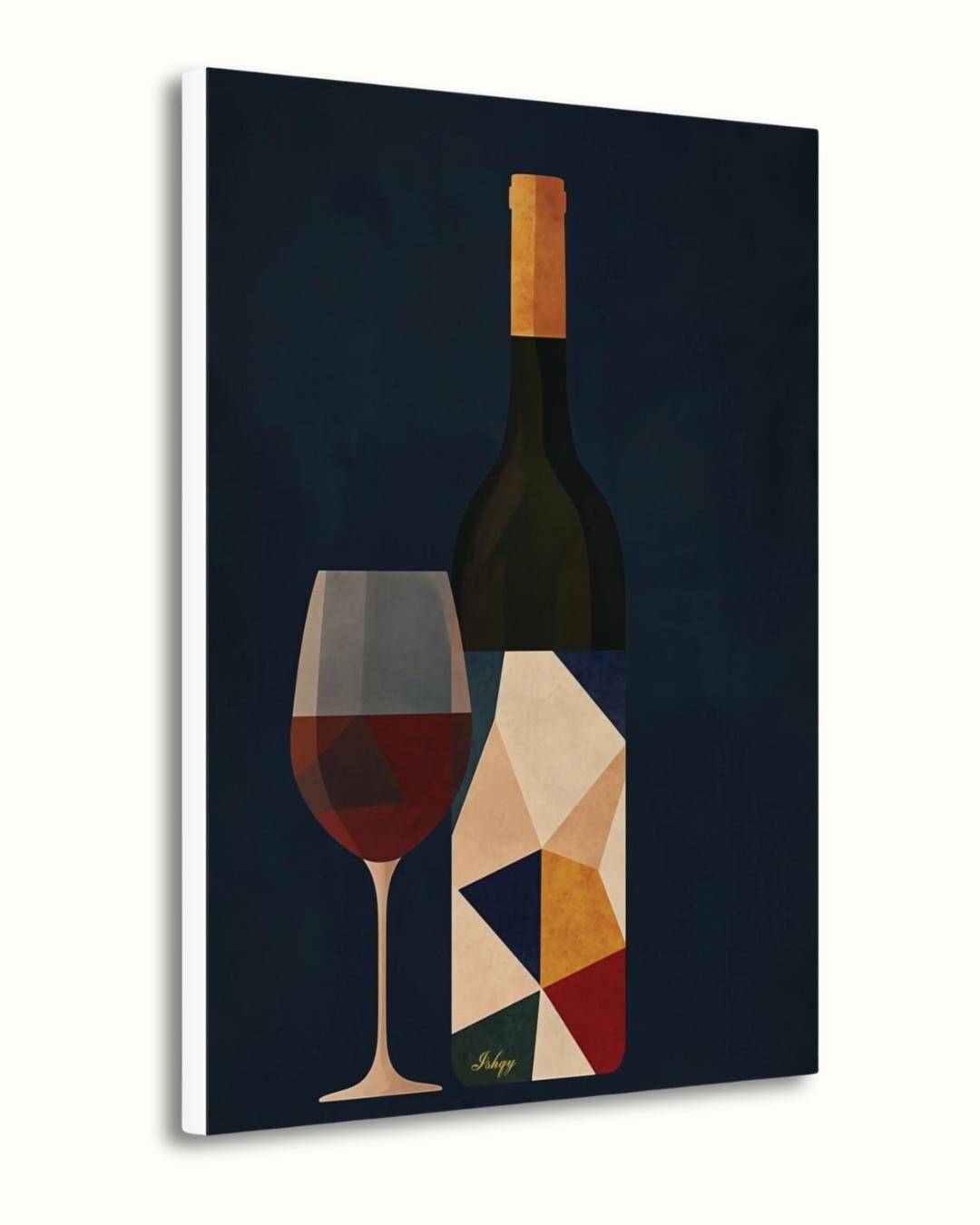 Wine Wall Art Print, Modern Abstract Wine Bottle and Glass Canvas, Bold Geometric Kitchen Decor, Framed Bar Art for Dining Room Walls