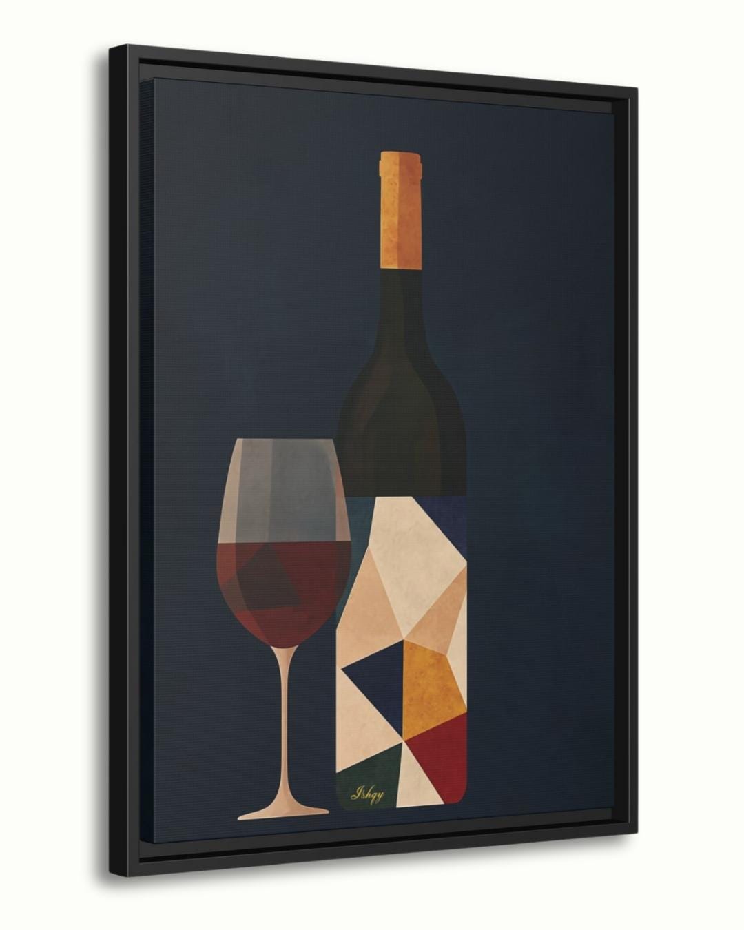Wine Wall Art Print, Modern Abstract Wine Bottle and Glass Canvas, Bold Geometric Kitchen Decor, Framed Bar Art for Dining Room Walls