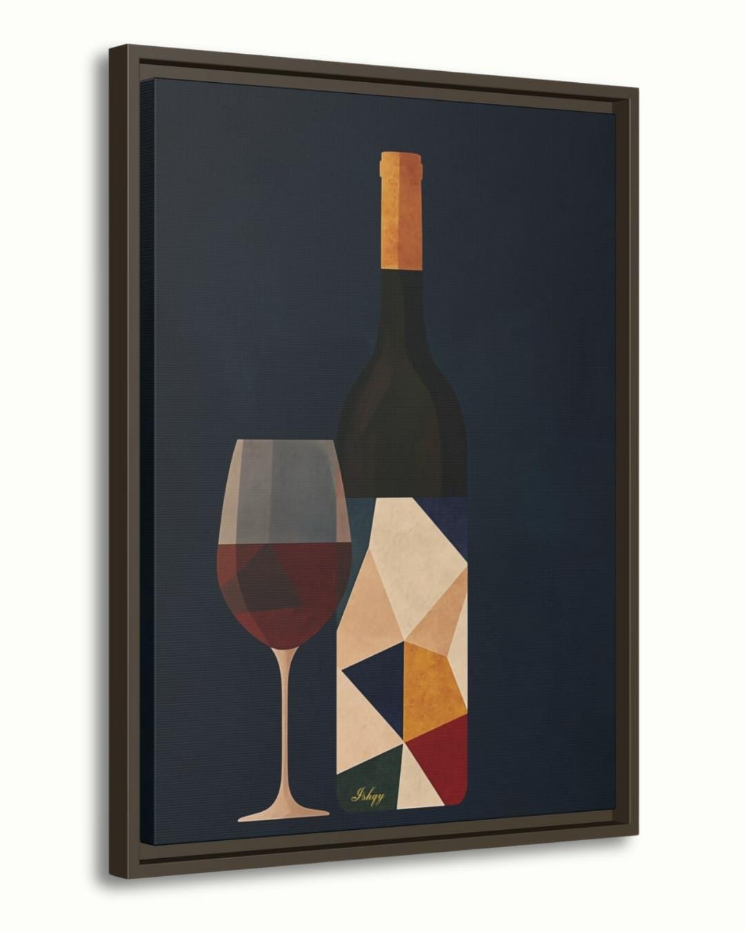 Wine Wall Art Print, Modern Abstract Wine Bottle and Glass Canvas, Bold Geometric Kitchen Decor, Framed Bar Art for Dining Room Walls