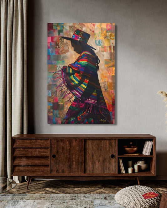 Peruvian Woman Wall Art Print, Andean Textile Silhouette Canvas, Colorful South American Cultural Home Decor, Framed Boho Wall Accent