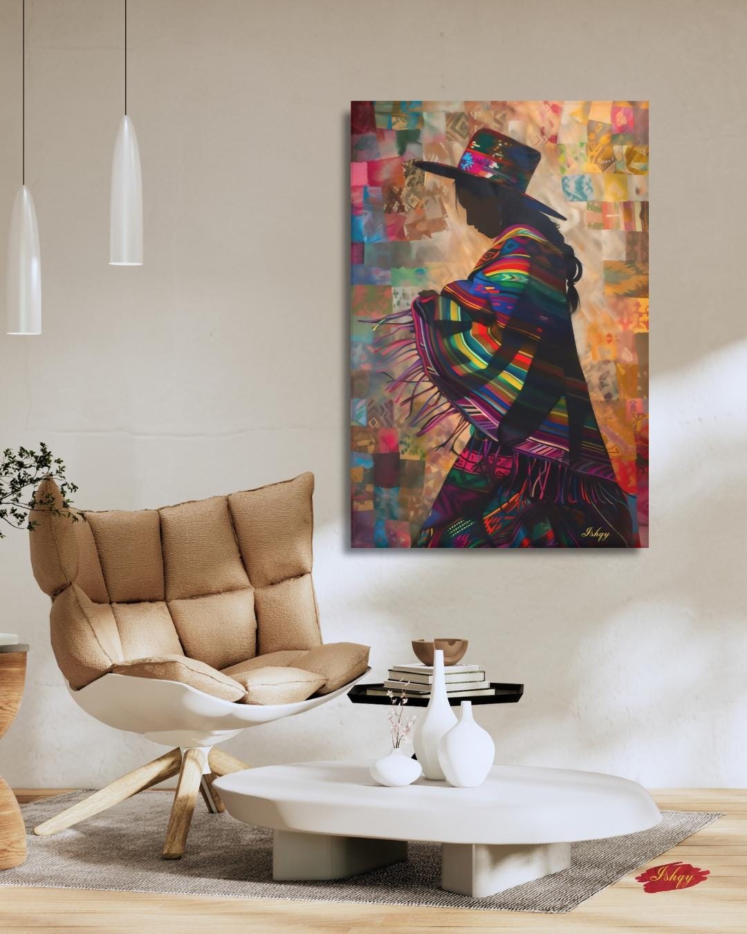 Peruvian Woman Wall Art Print, Andean Textile Silhouette Canvas, Colorful South American Cultural Home Decor, Framed Boho Wall Accent