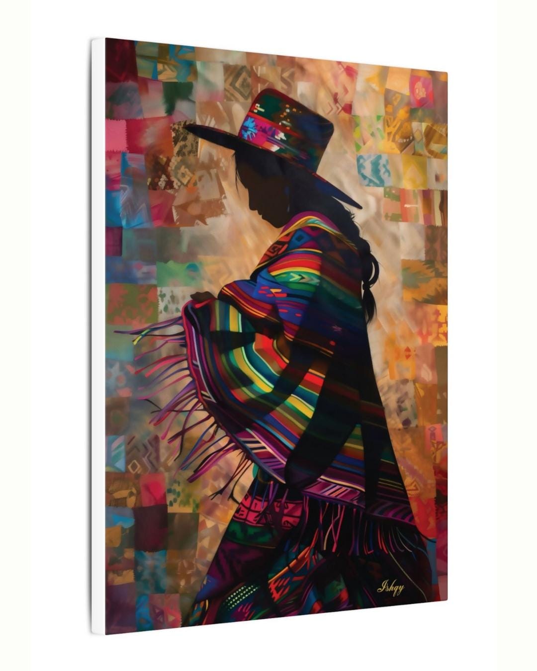 Peruvian Woman Wall Art Print, Andean Textile Silhouette Canvas, Colorful South American Cultural Home Decor, Framed Boho Wall Accent
