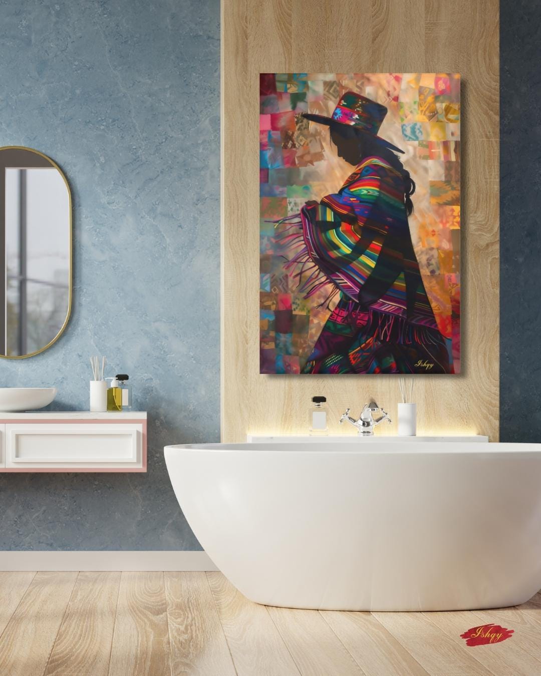 Peruvian Woman Wall Art Print, Andean Textile Silhouette Canvas, Colorful South American Cultural Home Decor, Framed Boho Wall Accent