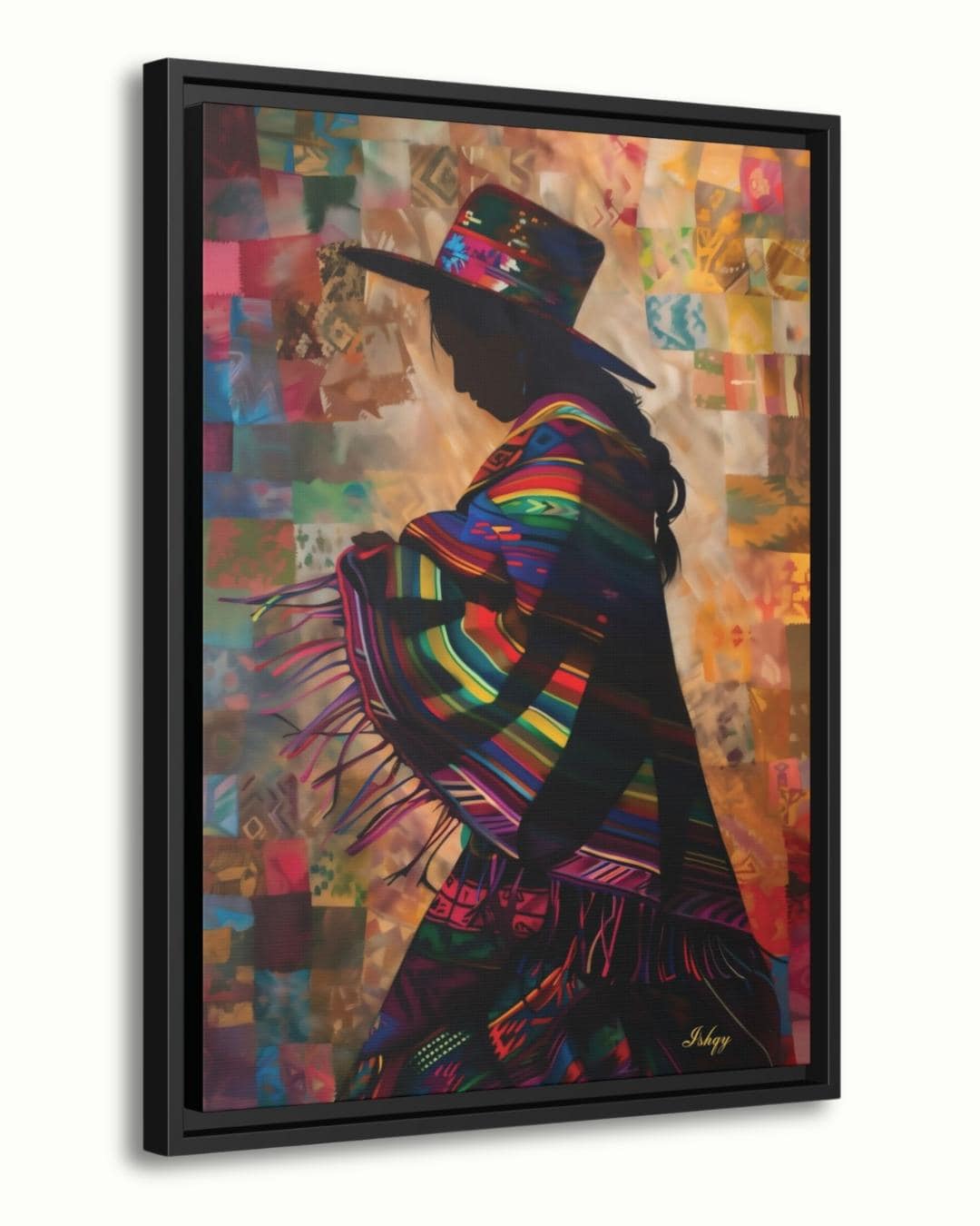 Peruvian Woman Wall Art Print, Andean Textile Silhouette Canvas, Colorful South American Cultural Home Decor, Framed Boho Wall Accent