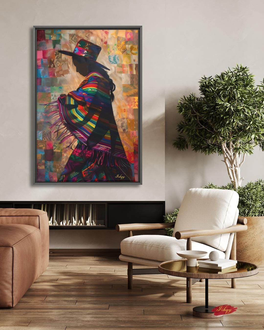 Peruvian Woman Wall Art Print, Andean Textile Silhouette Canvas, Colorful South American Cultural Home Decor, Framed Boho Wall Accent