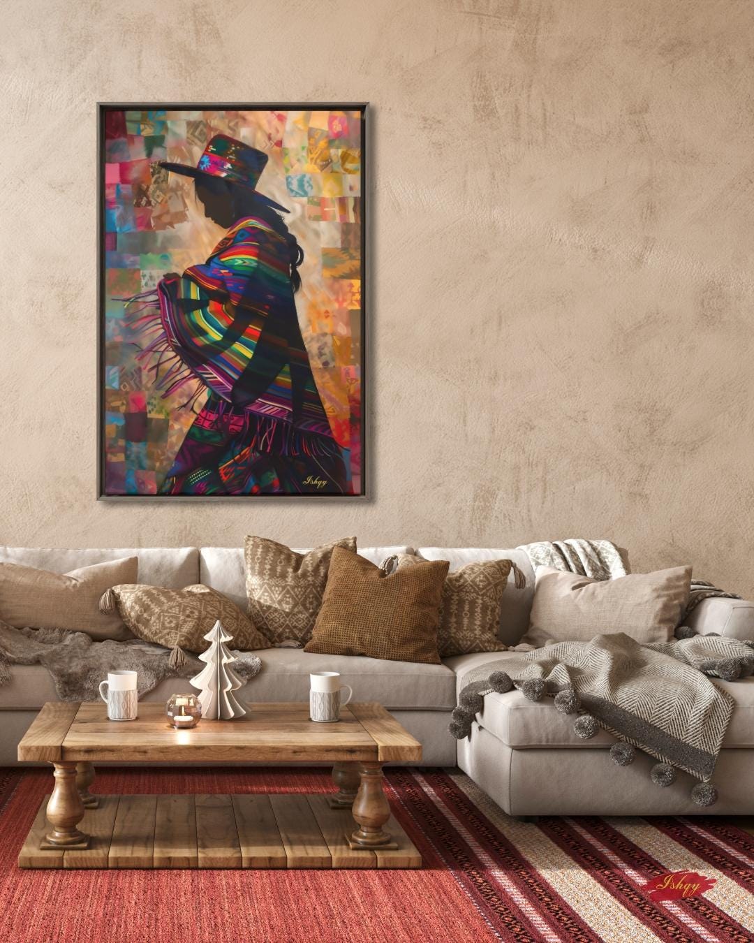 Peruvian Woman Wall Art Print, Andean Textile Silhouette Canvas, Colorful South American Cultural Home Decor, Framed Boho Wall Accent
