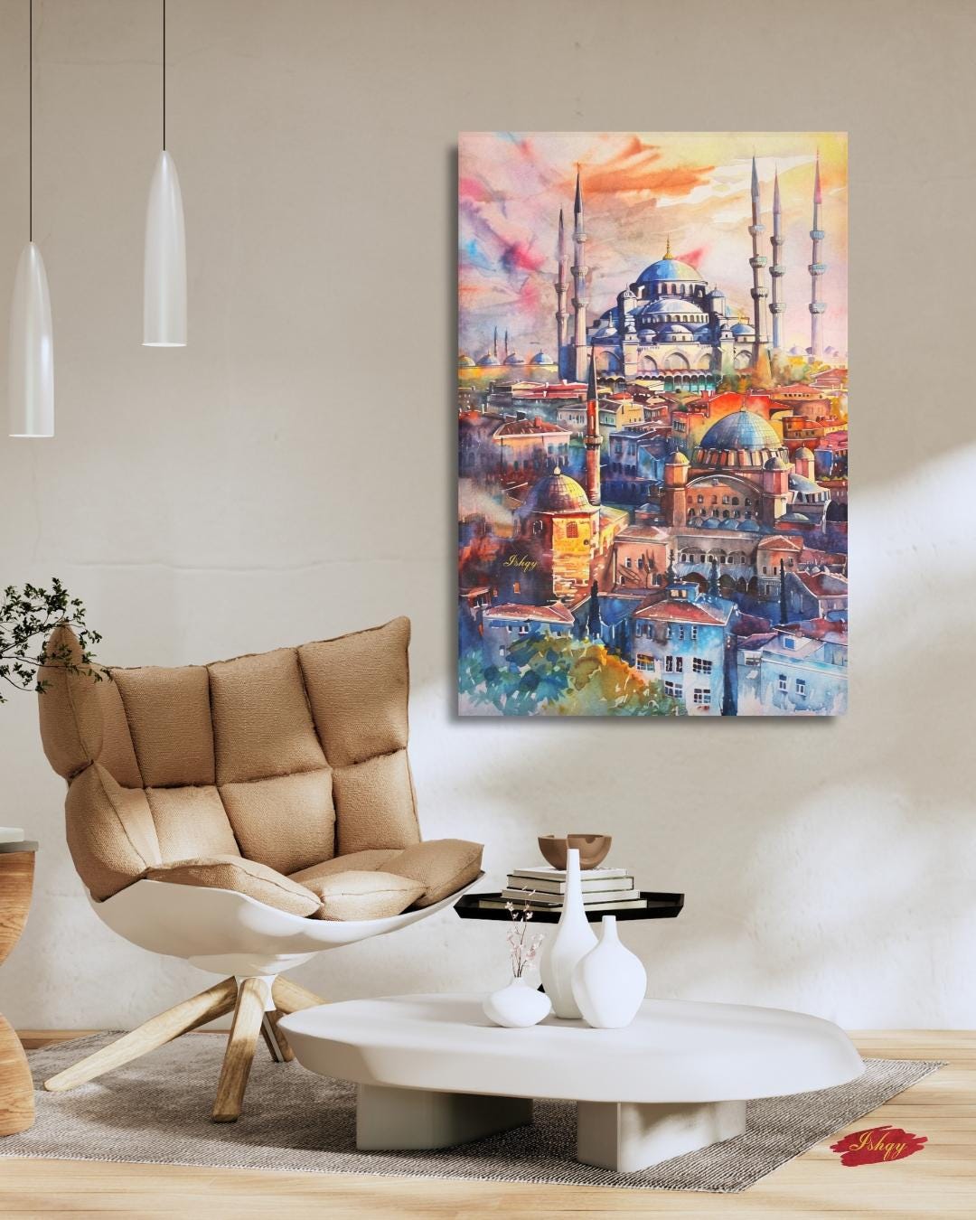 Istanbul Wall Art Print Blue Mosque Painting, Turkish Cityscape Decor, Watercolor Skyline Canvas, Middle Eastern Architecture Wall Decor