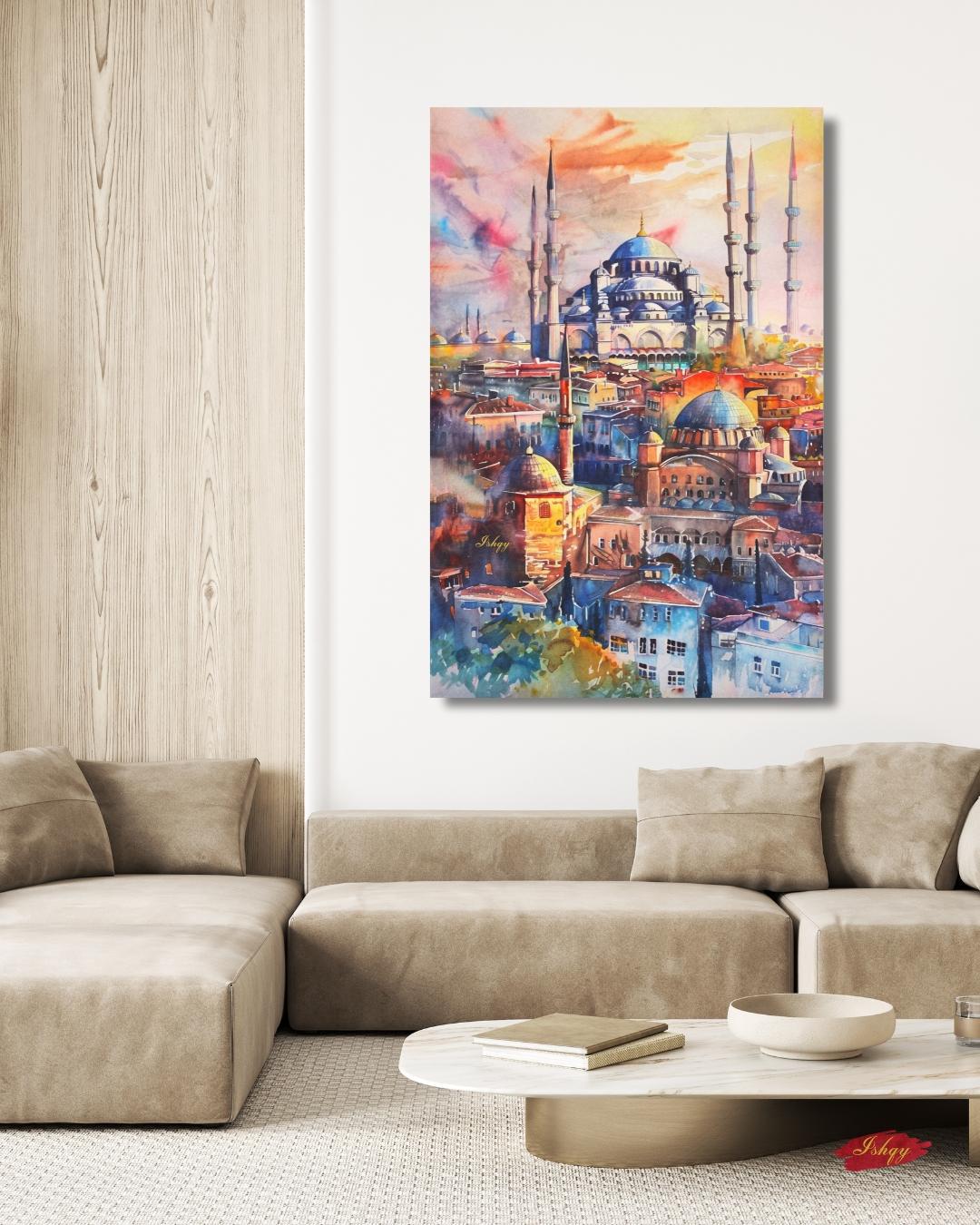Istanbul Wall Art Print Blue Mosque Painting, Turkish Cityscape Decor, Watercolor Skyline Canvas, Middle Eastern Architecture Wall Decor