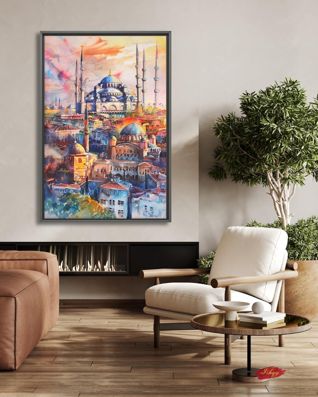 Istanbul Wall Art Print Blue Mosque Painting, Turkish Cityscape Decor, Watercolor Skyline Canvas, Middle Eastern Architecture Wall Decor