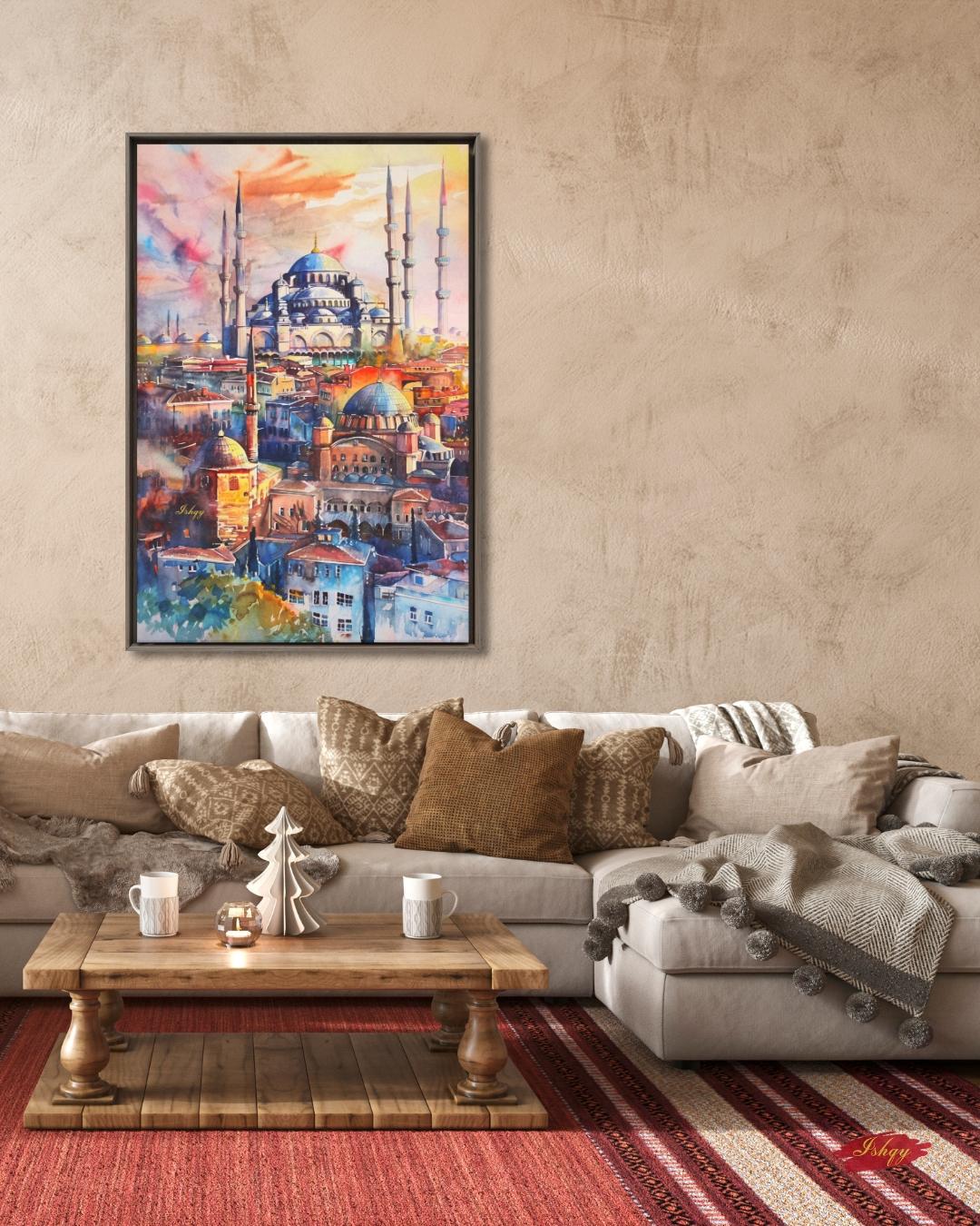 Istanbul Wall Art Print Blue Mosque Painting, Turkish Cityscape Decor, Watercolor Skyline Canvas, Middle Eastern Architecture Wall Decor