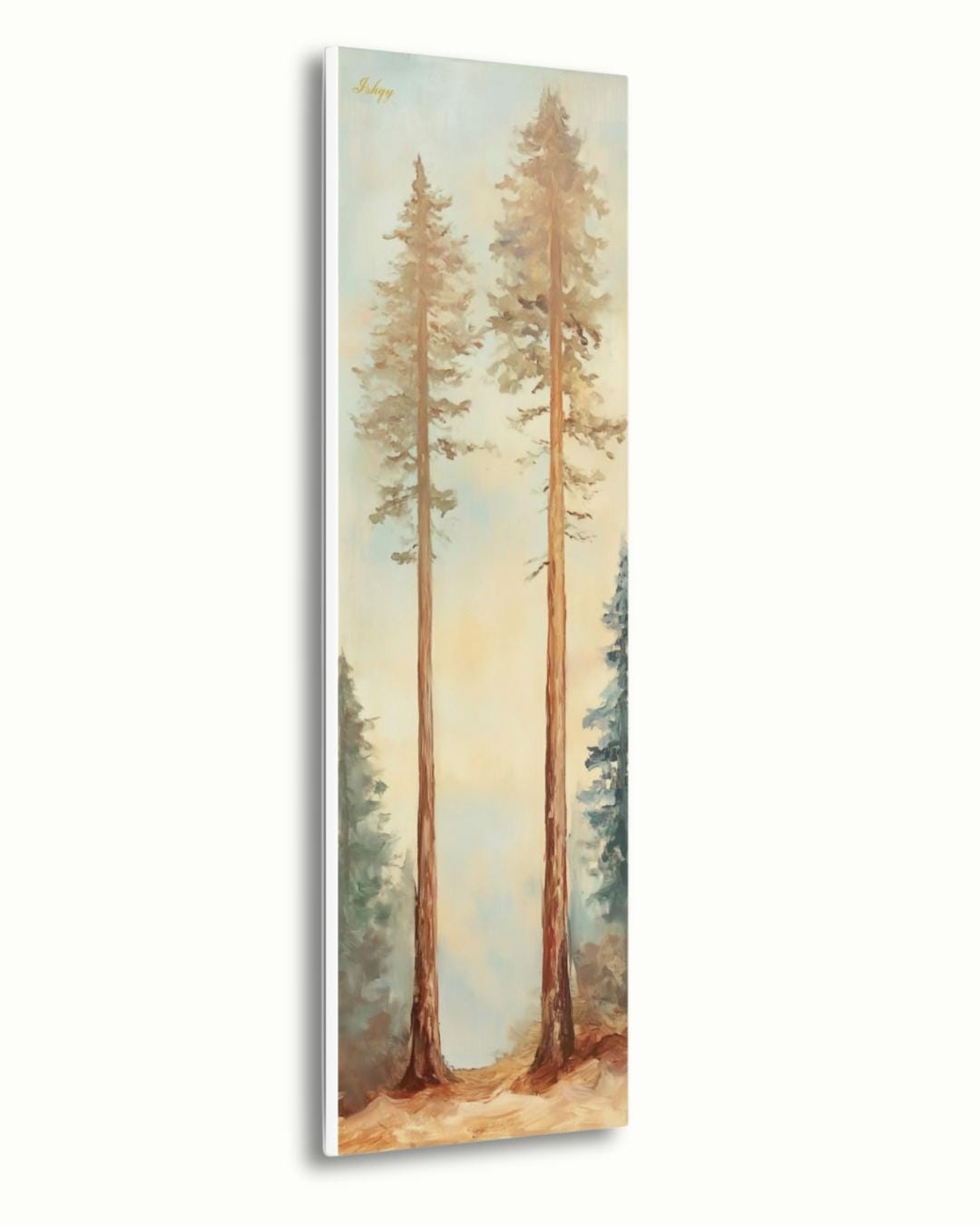 Twin Pines art print of two elegant forest trees under a soft sky. Canvas & framed canvas painting print, perfect for calm, nature-inspired home decor.