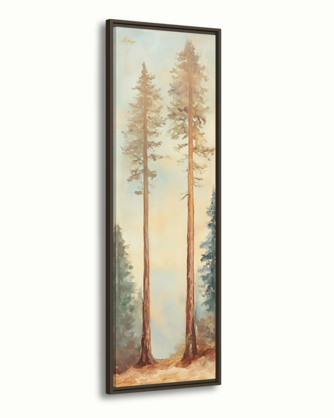 Twin Pines art print of two elegant forest trees under a soft sky. Canvas & framed canvas painting print, perfect for calm, nature-inspired home decor.