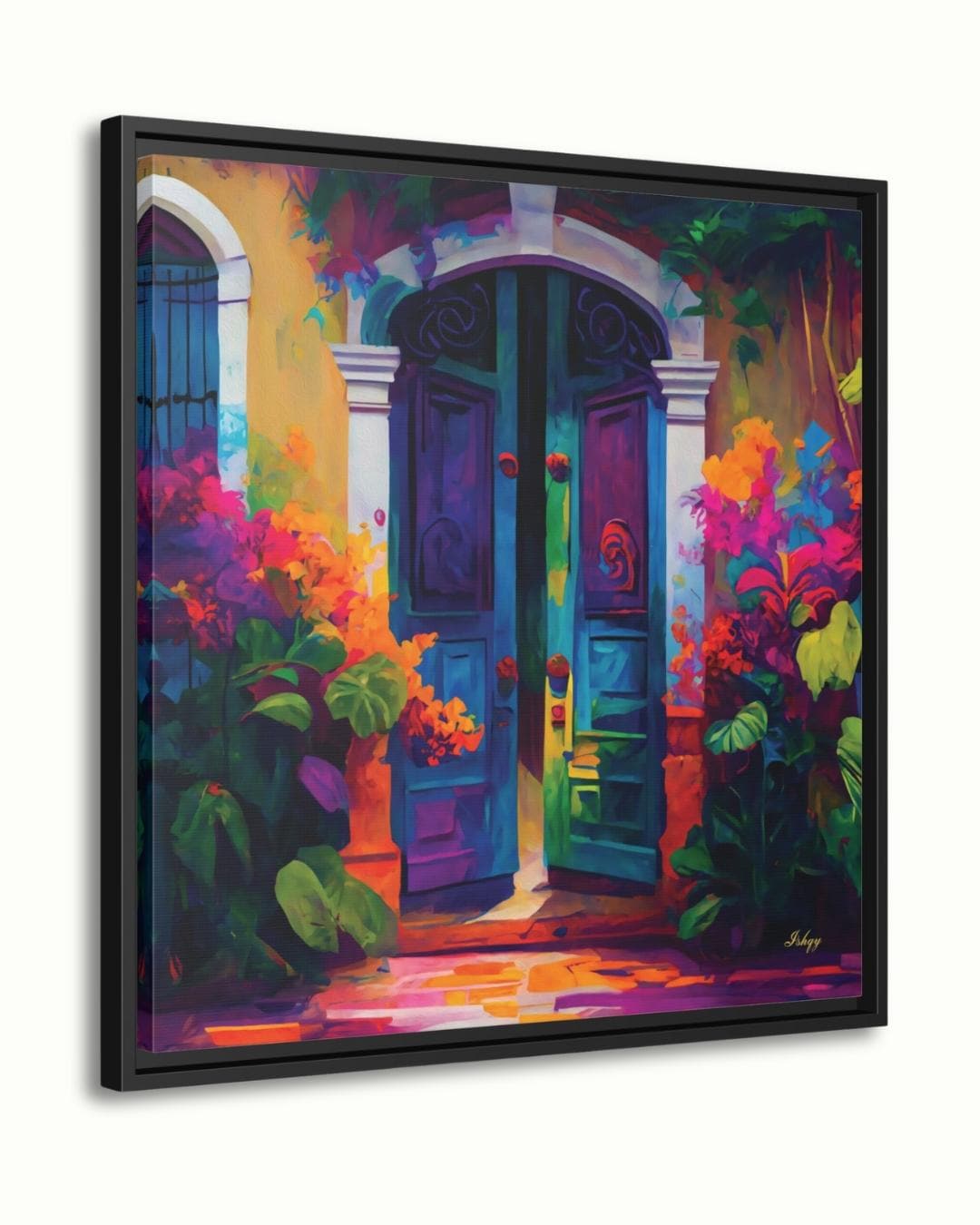 Umbral Florido | Vibrant Mexican Doorway Wall Art Print | IshqyBusiness. Bougainvillea Door art print of a vibrant Mexican doorway with lush flowers. Canvas & framed canvas painting print for joyful, colorful home wall decor.
