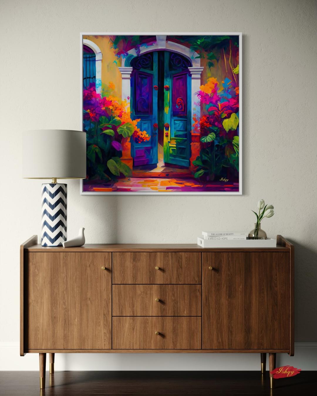 Umbral Florido | Vibrant Mexican Doorway Wall Art Print | IshqyBusiness. Bougainvillea Door art print of a vibrant Mexican doorway with lush flowers. Canvas & framed canvas painting print for joyful, colorful home wall decor.