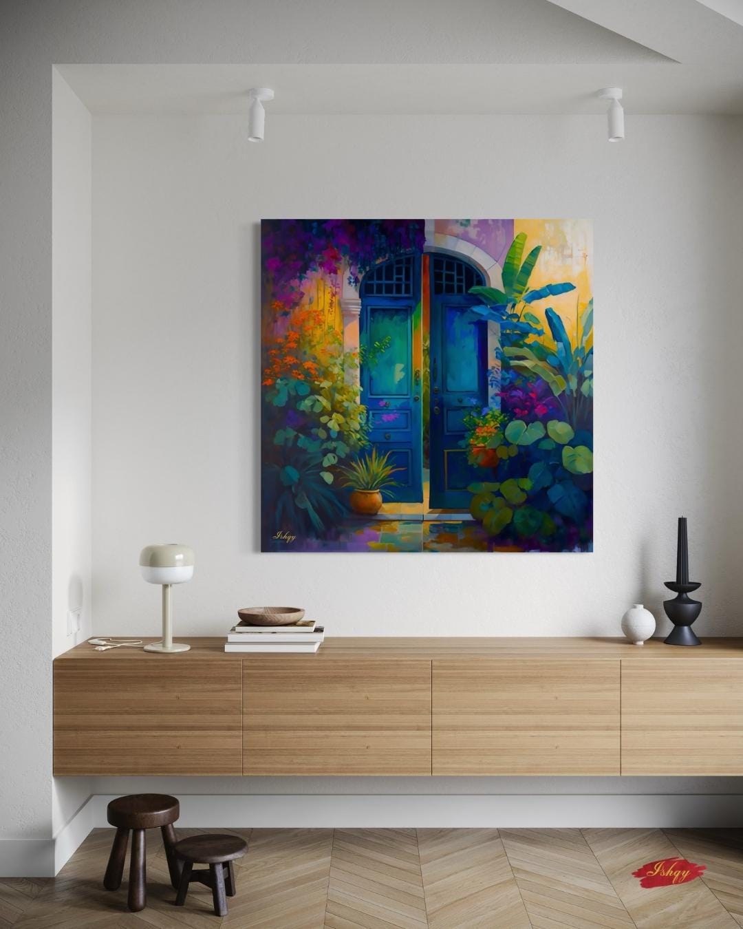 Azul Colonial | Colonial Doorway Wall Art Print | IshqyBusiness. Azul Colonial art print featuring a colorful colonial doorway with lush foliage. Canvas & framed canvas painting print for vibrant, cultural home decor.
Mexican Door Wall Art, Vibrant Floral Rustic Doorway Canvas Print, Colorful Boho Entry Painting, Exotic Framed Art for Home Decor