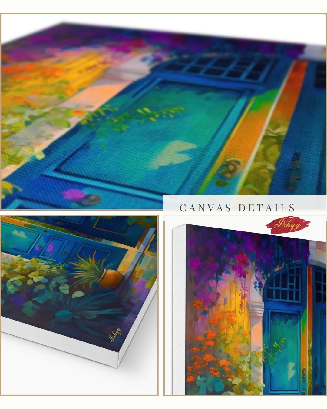 Azul Colonial | Colonial Doorway Wall Art Print | IshqyBusiness. Azul Colonial art print featuring a colorful colonial doorway with lush foliage. Canvas & framed canvas painting print for vibrant, cultural home decor.
Mexican Door Wall Art, Vibrant Floral Rustic Doorway Canvas Print, Colorful Boho Entry Painting, Exotic Framed Art for Home Decor