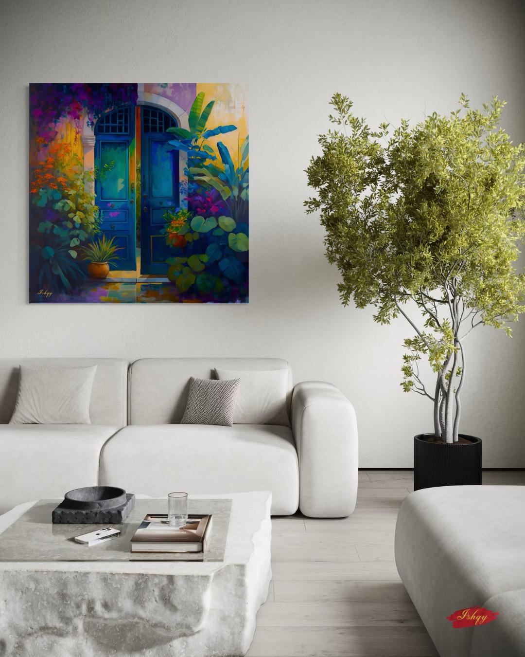 Azul Colonial | Colonial Doorway Wall Art Print | IshqyBusiness. Azul Colonial art print featuring a colorful colonial doorway with lush foliage. Canvas & framed canvas painting print for vibrant, cultural home decor.
Mexican Door Wall Art, Vibrant Floral Rustic Doorway Canvas Print, Colorful Boho Entry Painting, Exotic Framed Art for Home Decor