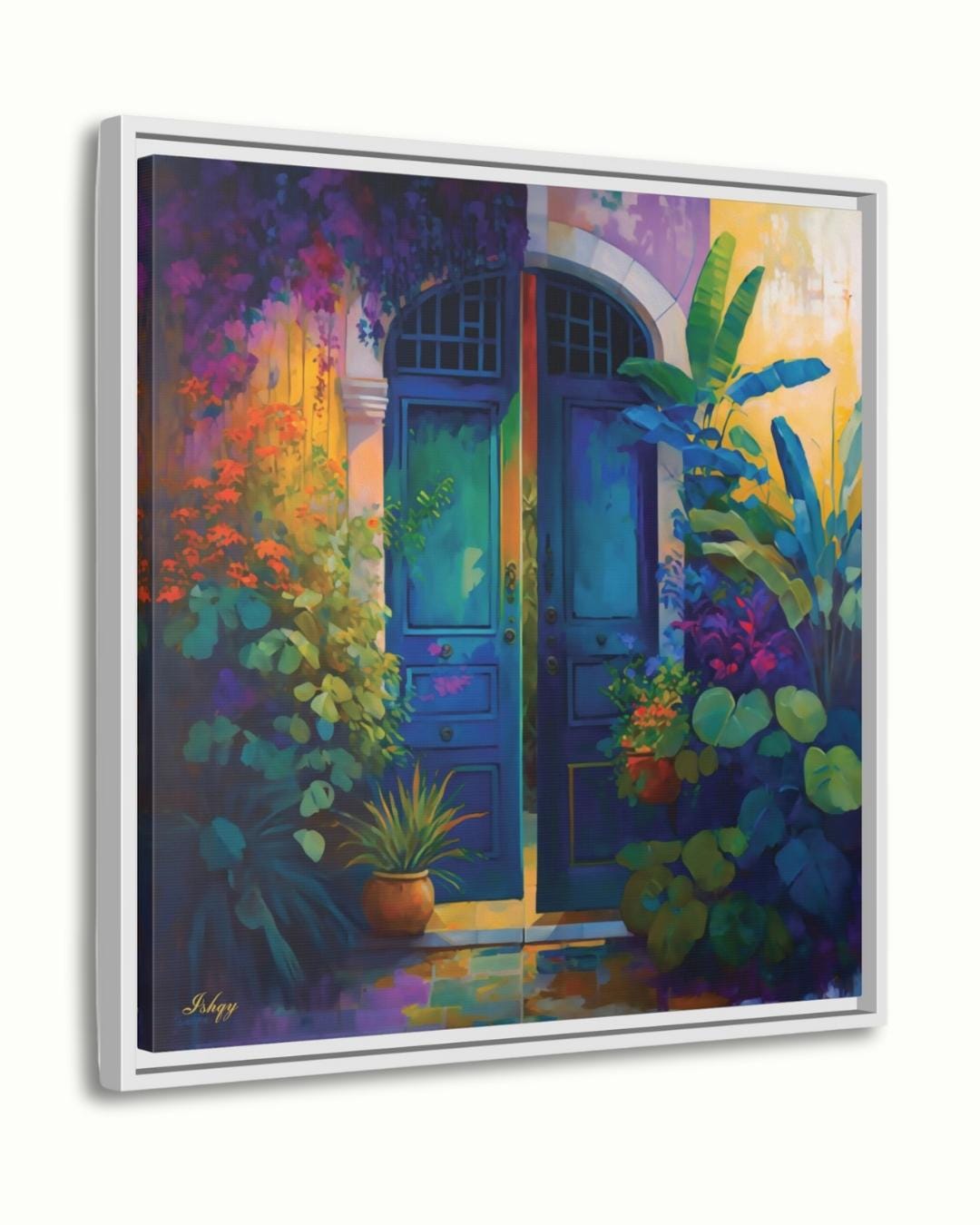 Azul Colonial | Colonial Doorway Wall Art Print | IshqyBusiness. Azul Colonial art print featuring a colorful colonial doorway with lush foliage. Canvas & framed canvas painting print for vibrant, cultural home decor.
Mexican Door Wall Art, Vibrant Floral Rustic Doorway Canvas Print, Colorful Boho Entry Painting, Exotic Framed Art for Home Decor