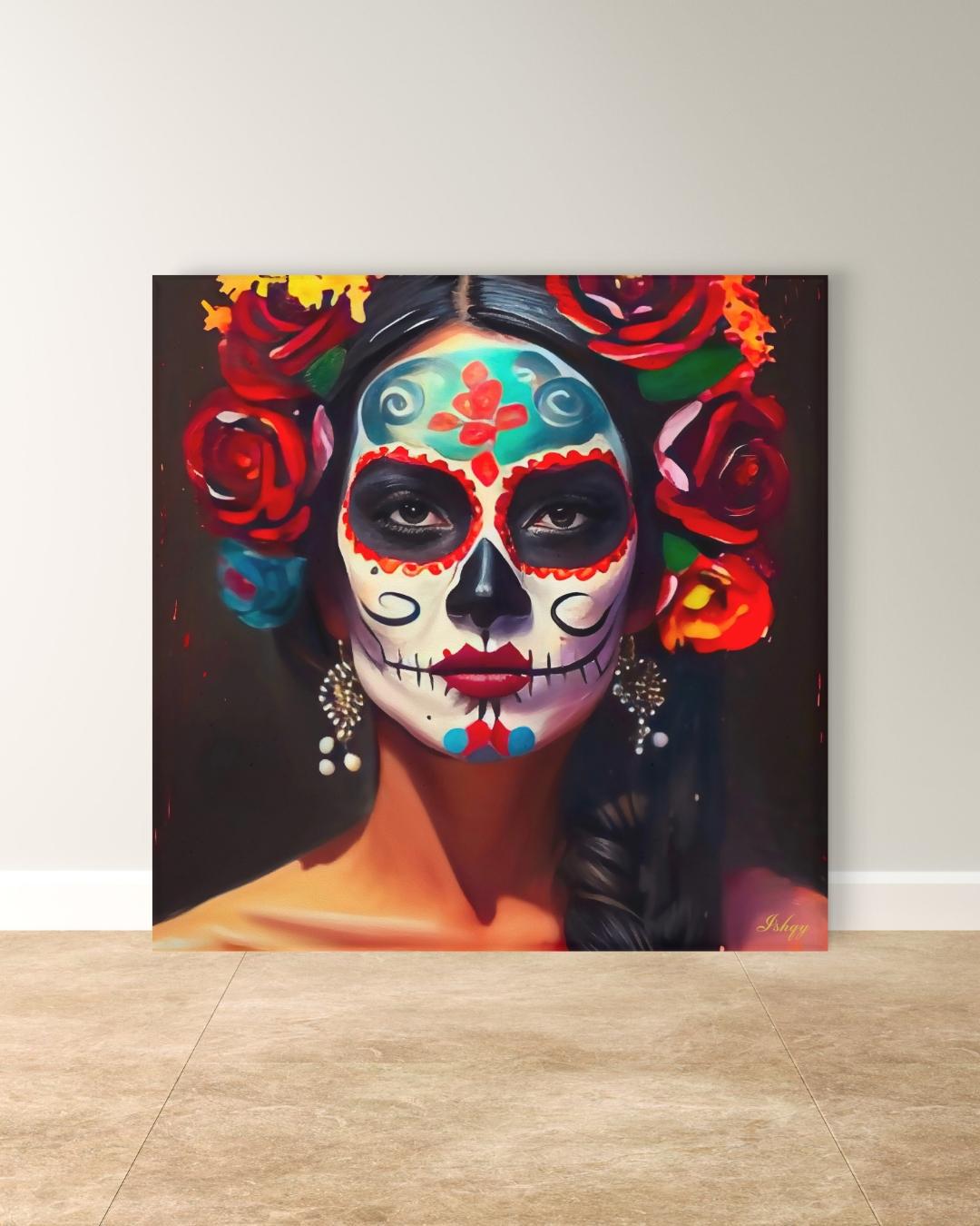Día de los Muertos Wall Art Print, Mexican Sugar Skull Portrait Canvas, Day of the Dead Home Decor, Square Face Painting Artwork