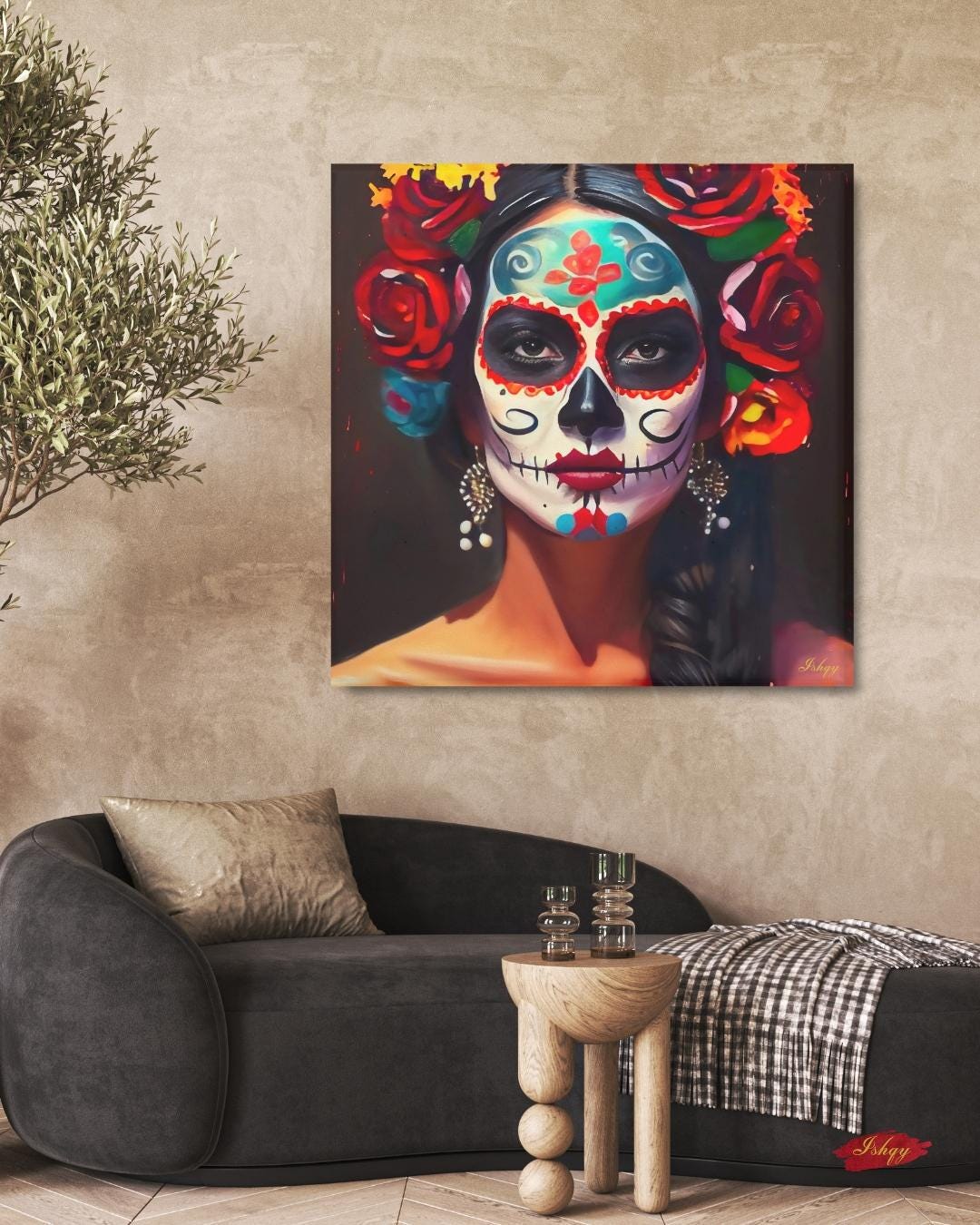 Día de los Muertos Wall Art Print, Mexican Sugar Skull Portrait Canvas, Day of the Dead Home Decor, Square Face Painting Artwork