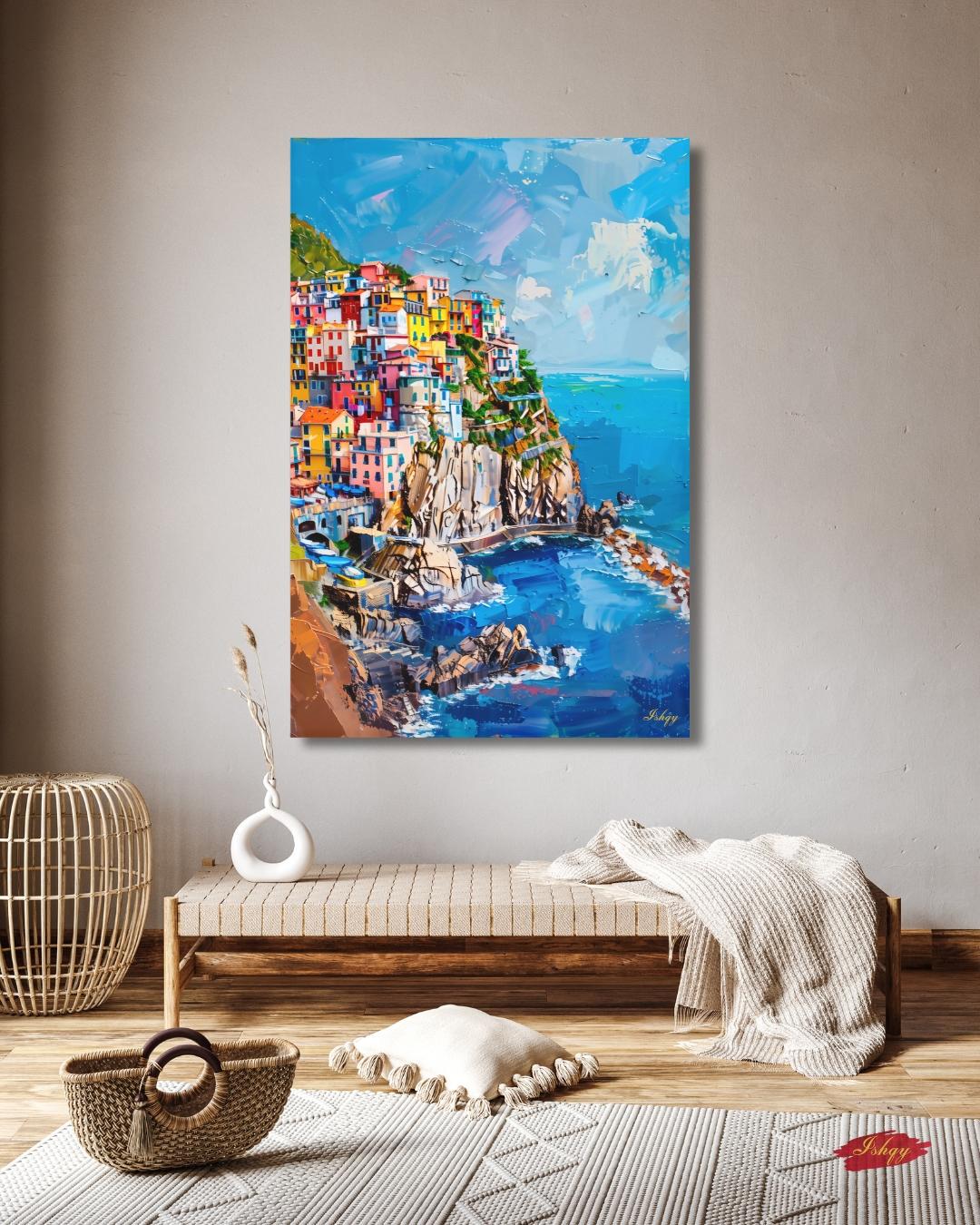 Cinque Terre Canvas Wall Art Print, Italian Coastline Painting Print, Colorful Village Cliffside Decor, Mediterranean Vertical Home Artwork