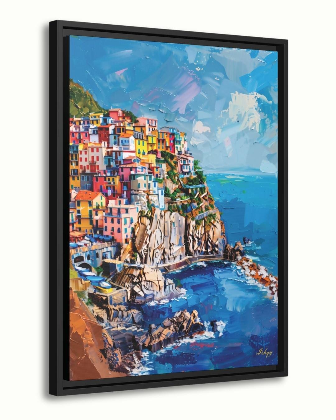 Cinque Terre Canvas Wall Art Print, Italian Coastline Painting Print, Colorful Village Cliffside Decor, Mediterranean Vertical Home Artwork