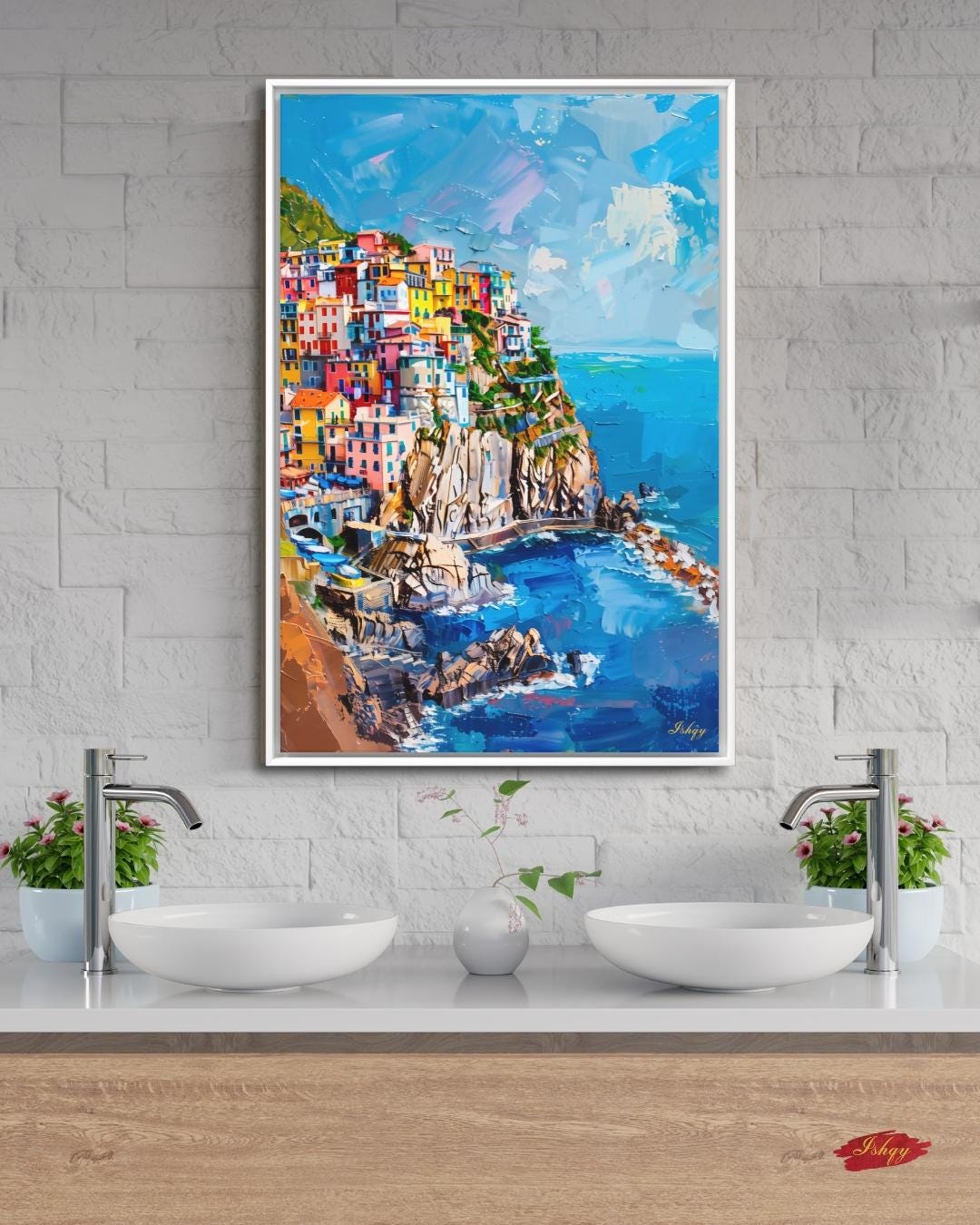 Cinque Terre Canvas Wall Art Print, Italian Coastline Painting Print, Colorful Village Cliffside Decor, Mediterranean Vertical Home Artwork