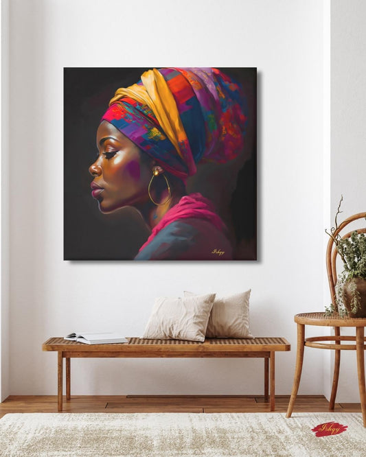 African Woman Canvas Wall Art, Bold Black Woman Framed Portrait, Colorful Headwrap Painting, Square Afrocentric Wall Decor Print