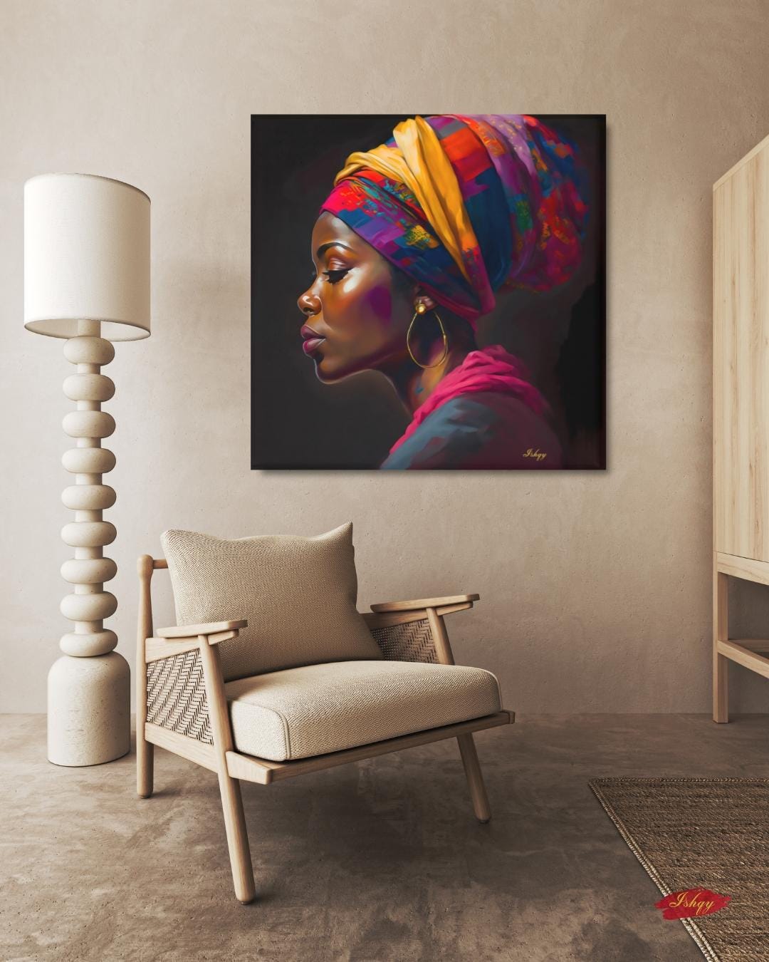 African Woman Canvas Wall Art, Bold Black Woman Framed Portrait, Colorful Headwrap Painting, Square Afrocentric Wall Decor Print
