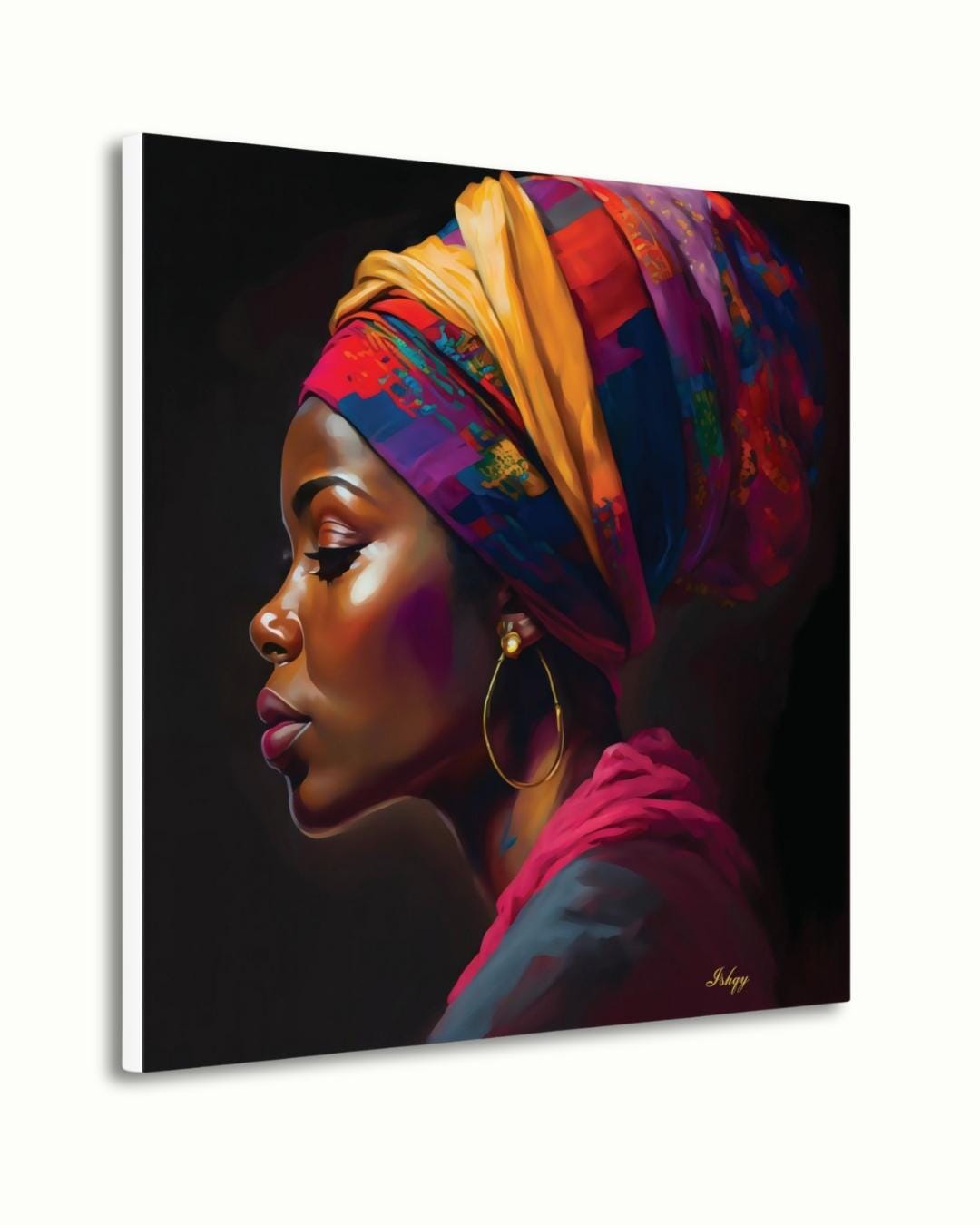 African Woman Canvas Wall Art, Bold Black Woman Framed Portrait, Colorful Headwrap Painting, Square Afrocentric Wall Decor Print