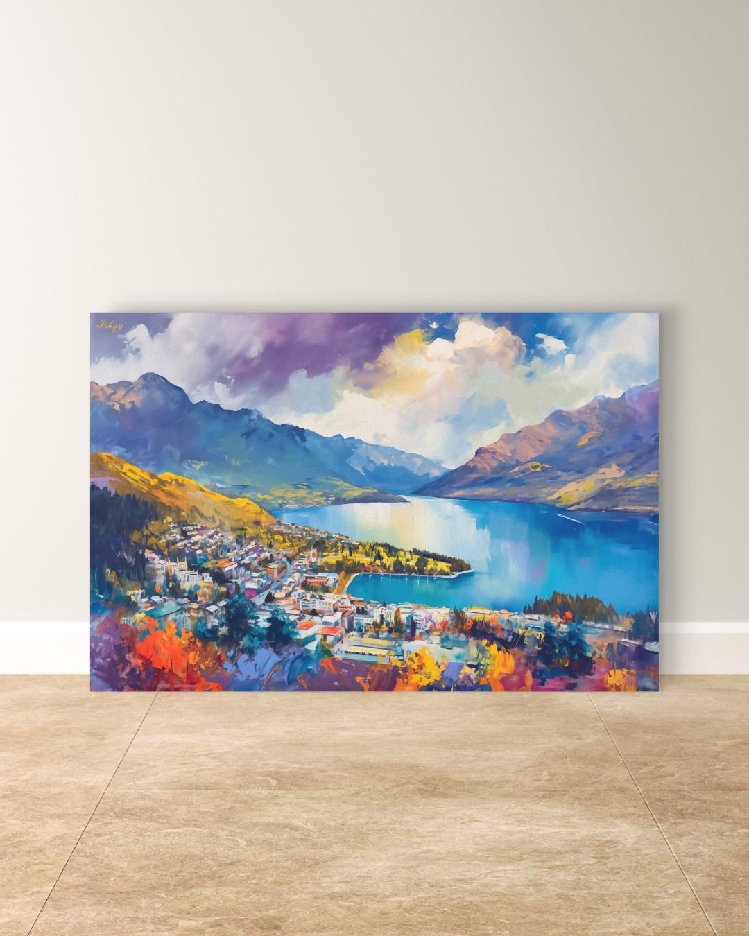 Majesty | Queenstown New Zealand Wall Art Print | IshqyBusiness. Lakeside Majesty art print of Queenstown, New Zealand, with mountains & lake views. Canvas & framed canvas for stunning, scenic home wall decor.