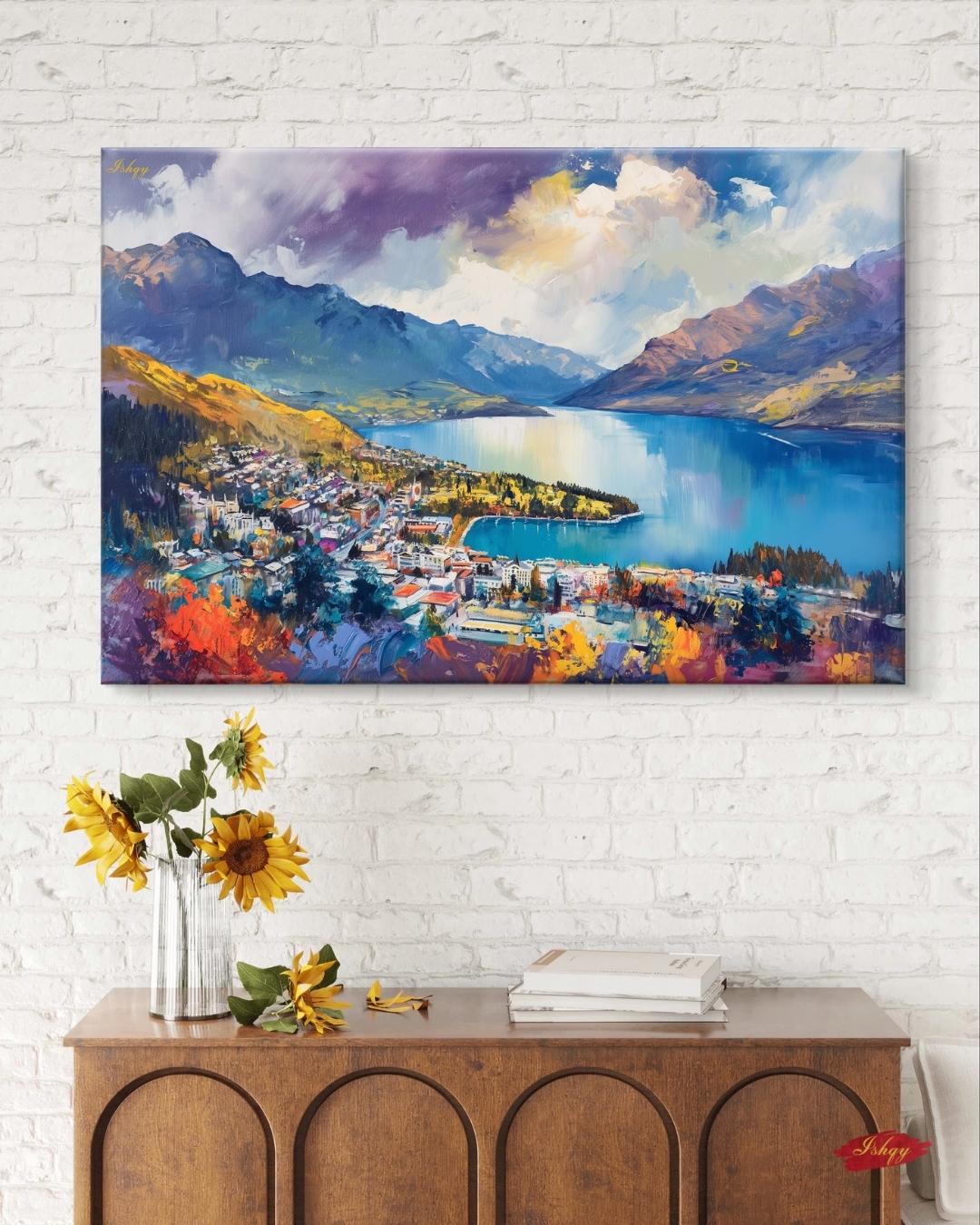 Majesty | Queenstown New Zealand Wall Art Print | IshqyBusiness. Lakeside Majesty art print of Queenstown, New Zealand, with mountains & lake views. Canvas & framed canvas for stunning, scenic home wall decor.