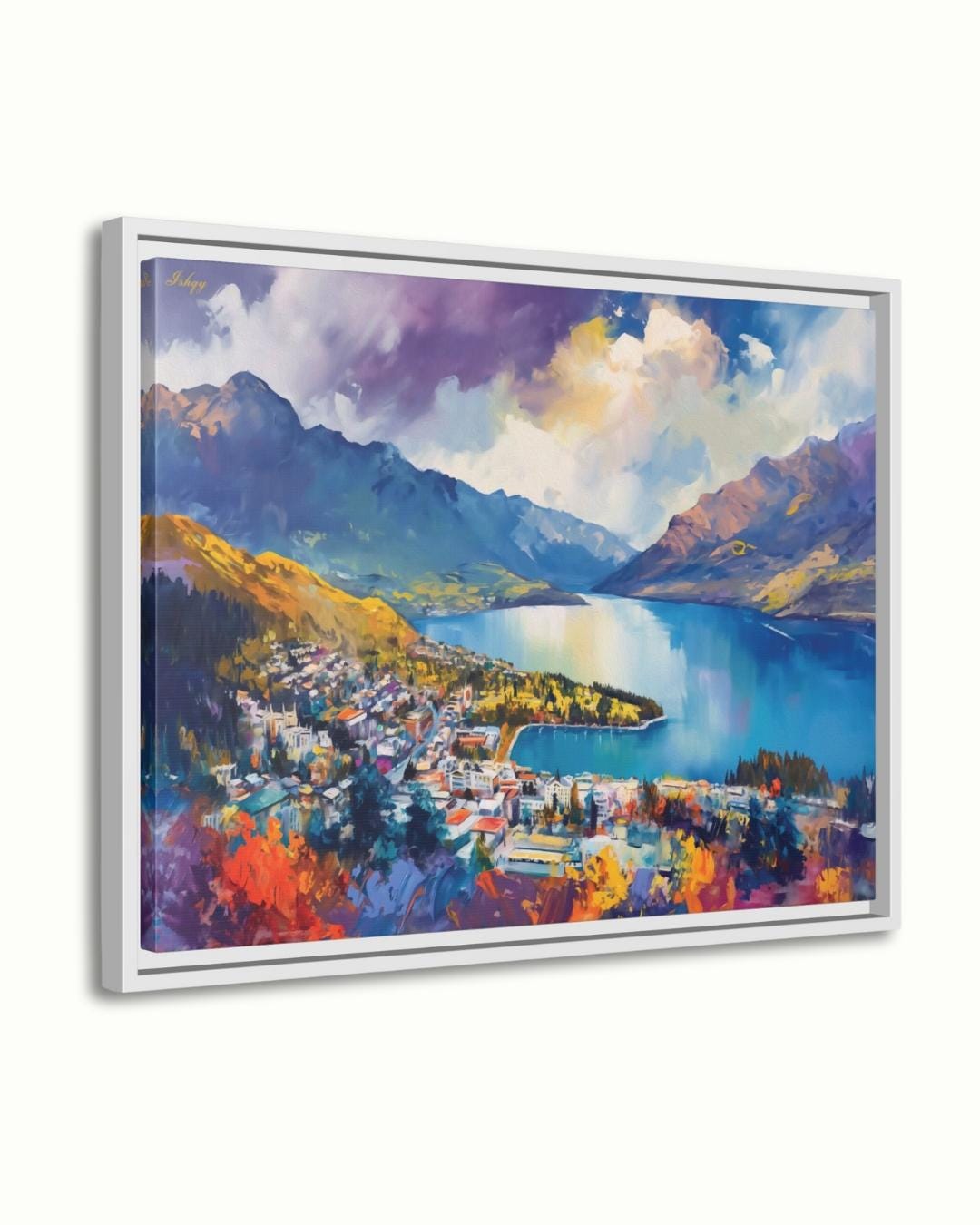Majesty | Queenstown New Zealand Wall Art Print | IshqyBusiness. Lakeside Majesty art print of Queenstown, New Zealand, with mountains & lake views. Canvas & framed canvas for stunning, scenic home wall decor.