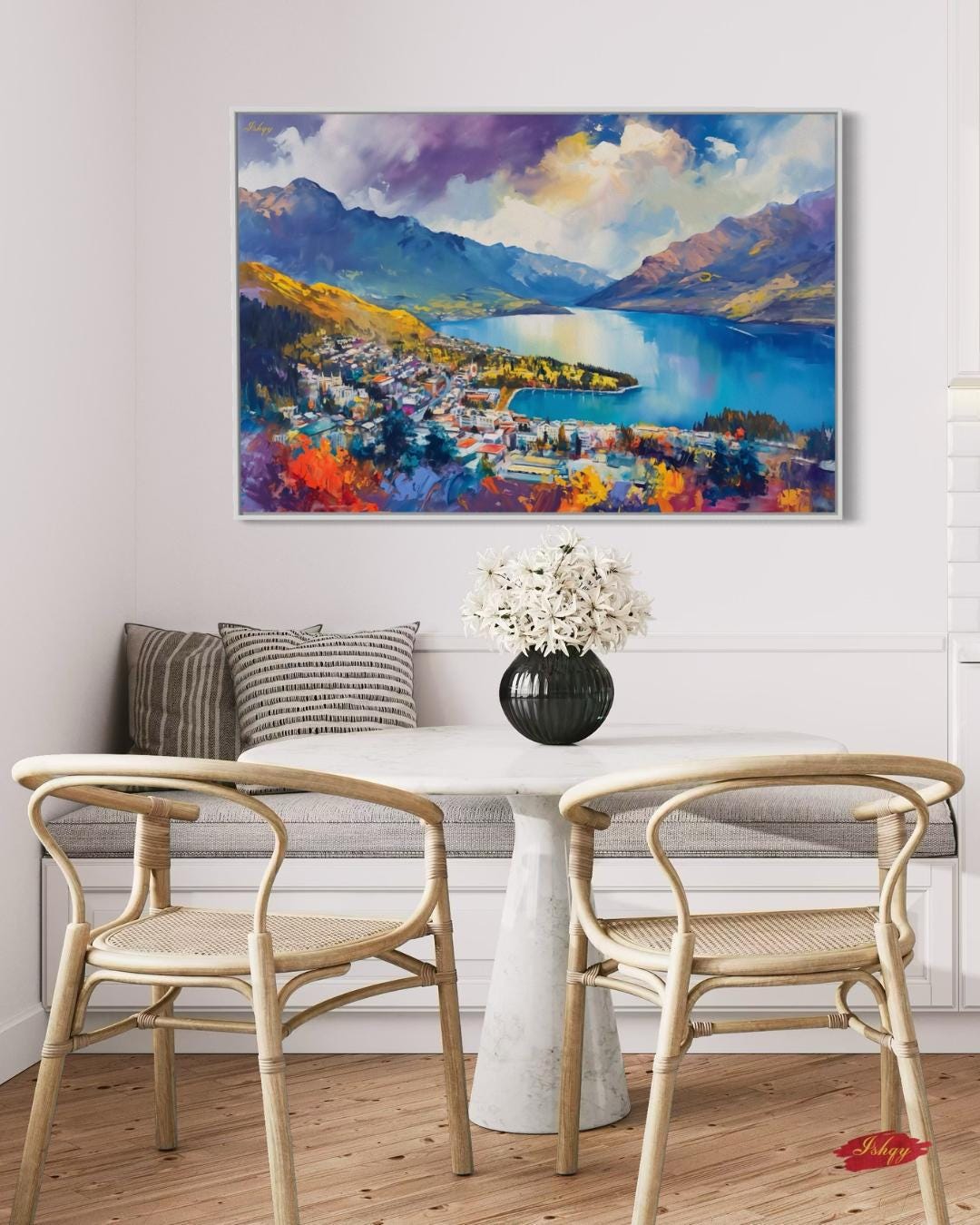 Majesty | Queenstown New Zealand Wall Art Print | IshqyBusiness. Lakeside Majesty art print of Queenstown, New Zealand, with mountains & lake views. Canvas & framed canvas for stunning, scenic home wall decor.