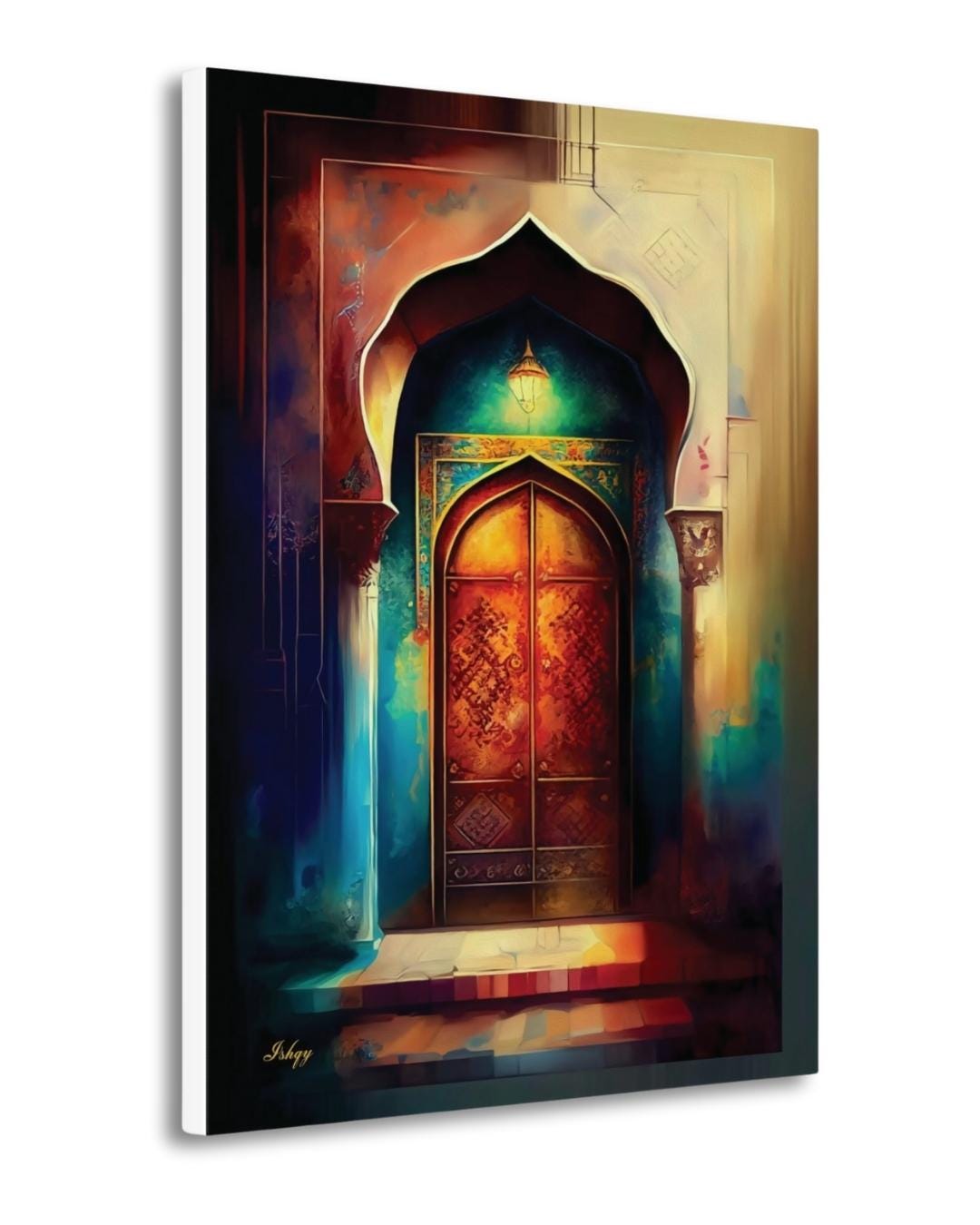 Noor-e-Zehn | Pakistani Doorway Wall Art Print | IshqyBusiness. Noor-e-Zehn Pakistani door art print with vibrant arches & lantern glow. Canvas & framed canvas painting print for cultural, elegant home decor.