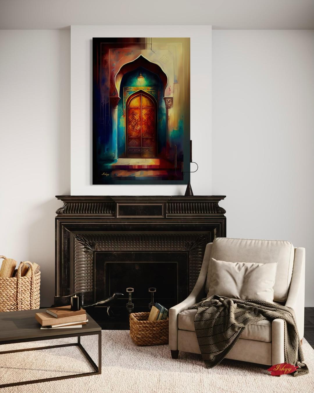 Noor-e-Zehn | Pakistani Doorway Wall Art Print | IshqyBusiness. Noor-e-Zehn Pakistani door art print with vibrant arches & lantern glow. Canvas & framed canvas painting print for cultural, elegant home decor.