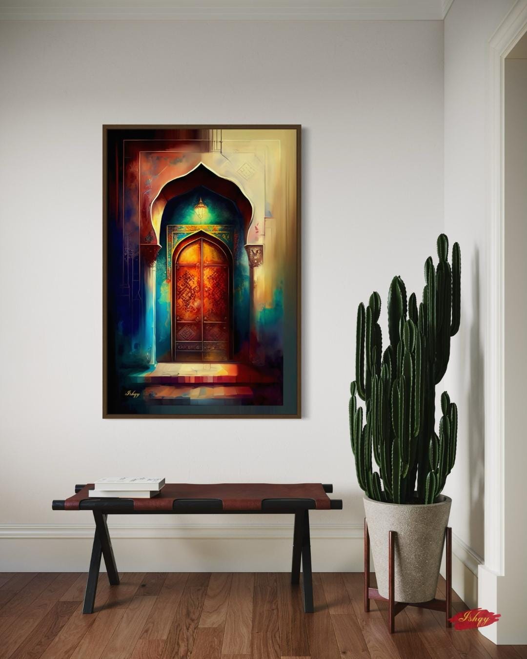 Noor-e-Zehn | Pakistani Doorway Wall Art Print | IshqyBusiness. Noor-e-Zehn Pakistani door art print with vibrant arches & lantern glow. Canvas & framed canvas painting print for cultural, elegant home decor.