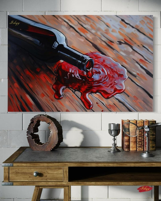 Spilled Vintage | Wine Bottle Wall Art Canvas Print | IshqyBusiness. Spilled Vintage wine bottle art print with rustic wood & rich red hues. Canvas & framed canvas painting print for dining room or kitchen decor.