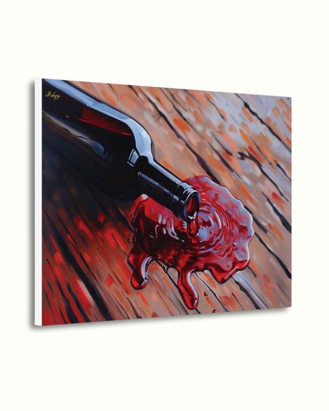 Spilled Vintage | Wine Bottle Wall Art Canvas Print | IshqyBusiness. Spilled Vintage wine bottle art print with rustic wood & rich red hues. Canvas & framed canvas painting print for dining room or kitchen decor.