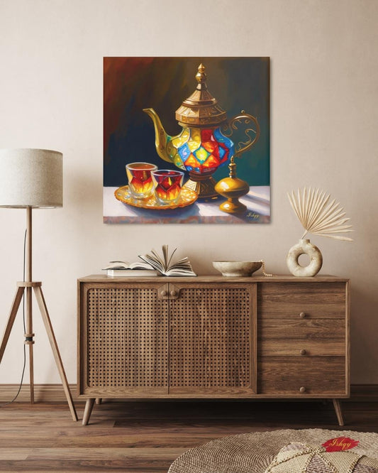 Şafak | Turkish Tea Set Wall Art Canvas Print | IshqyBusiness. Şafak Turkish tea set art print with glowing hues & ornate details. Canvas & framed canvas painting print for kitchen or dining room decor.