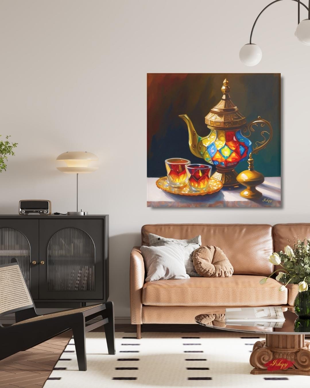 Şafak | Turkish Tea Set Wall Art Canvas Print | IshqyBusiness. Şafak Turkish tea set art print with glowing hues & ornate details. Canvas & framed canvas painting print for kitchen or dining room decor.